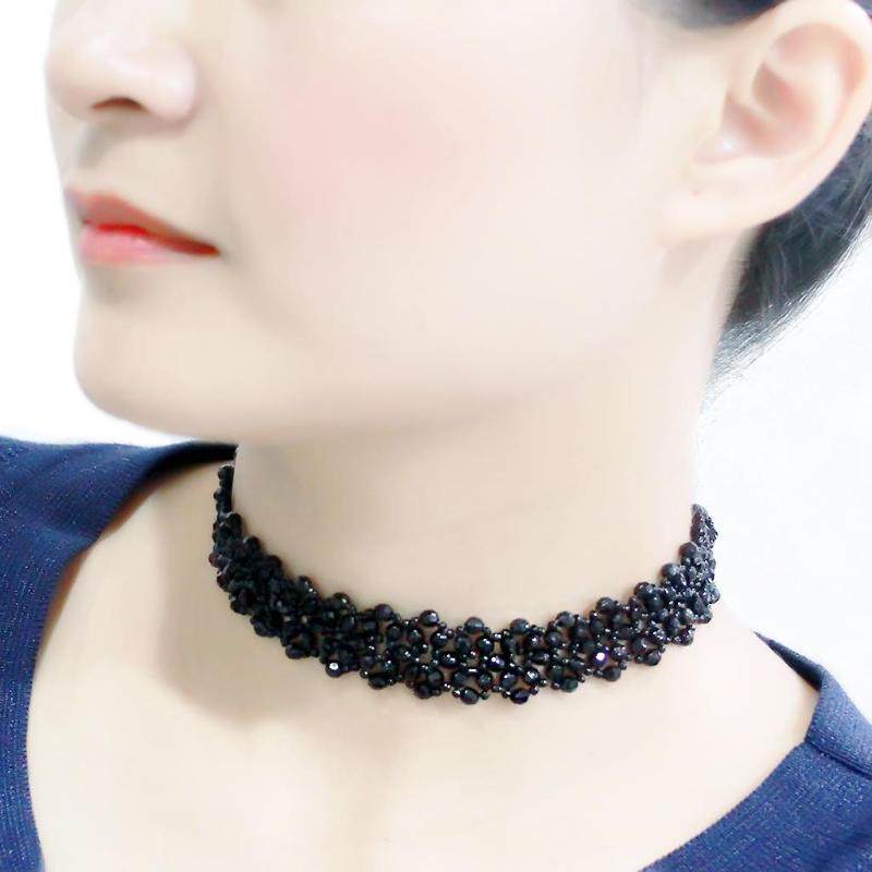 Rhodium Stainless Steel Necklace with Synthetic Synthetic Glass in Jet