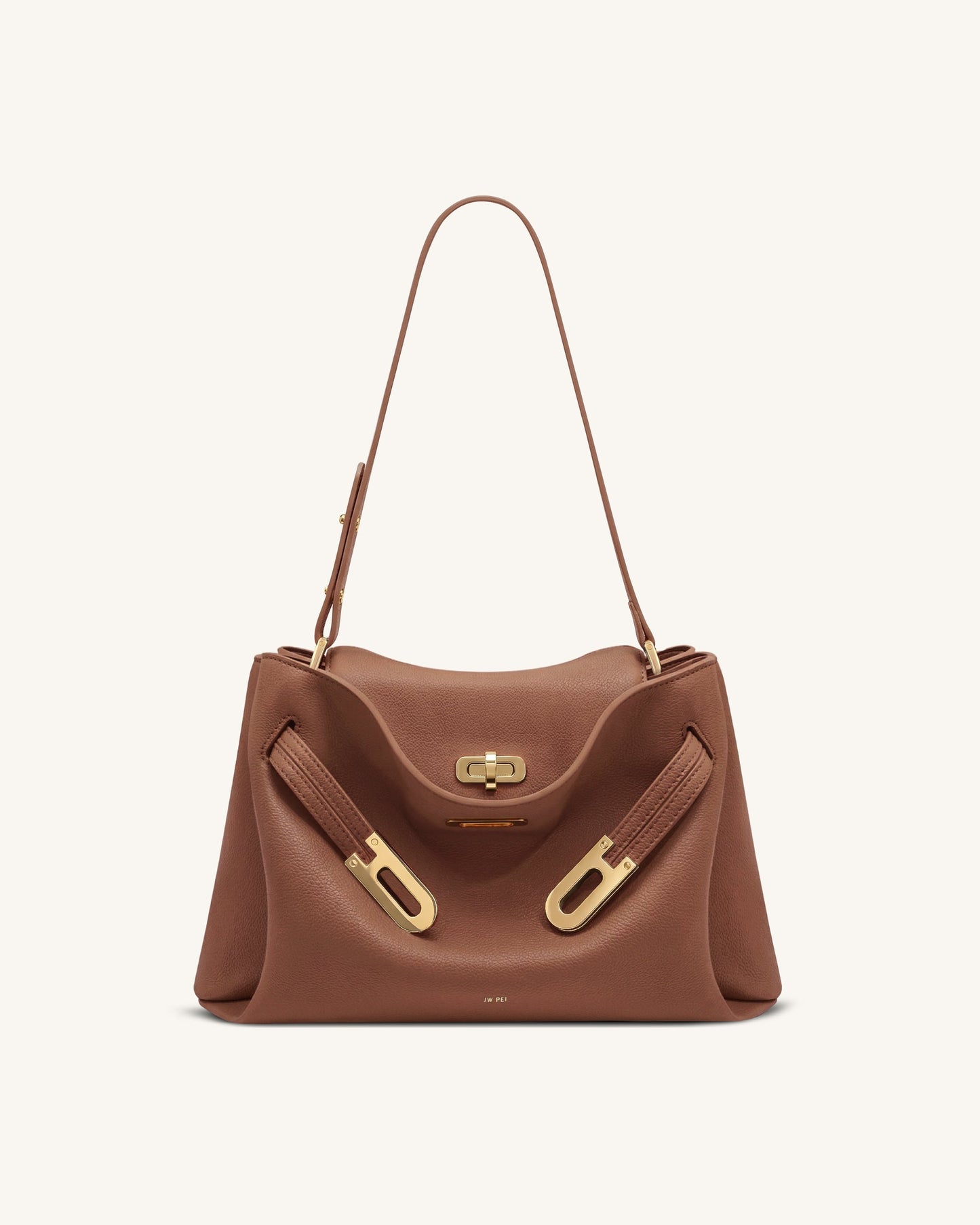 Rhea Pebbled Double Buckle Shoulder Bag - Earth Brown