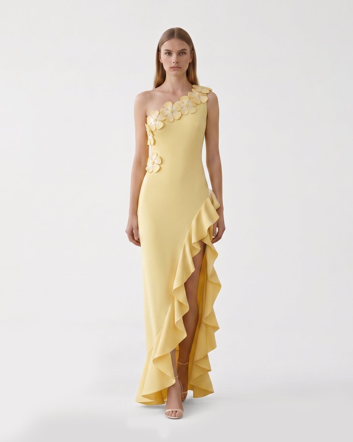 Floral Appliqué One Shoulder Ruffle Slit Dress - Yellow