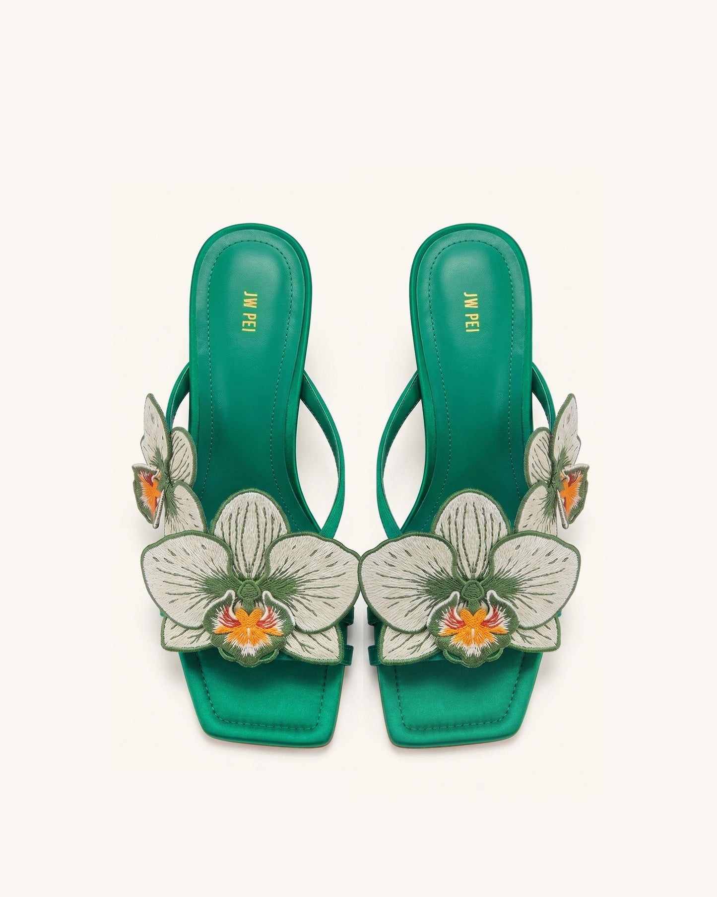 Serena Orchid Embroidered Toe Ring Heeled Sandals - Emerald Green