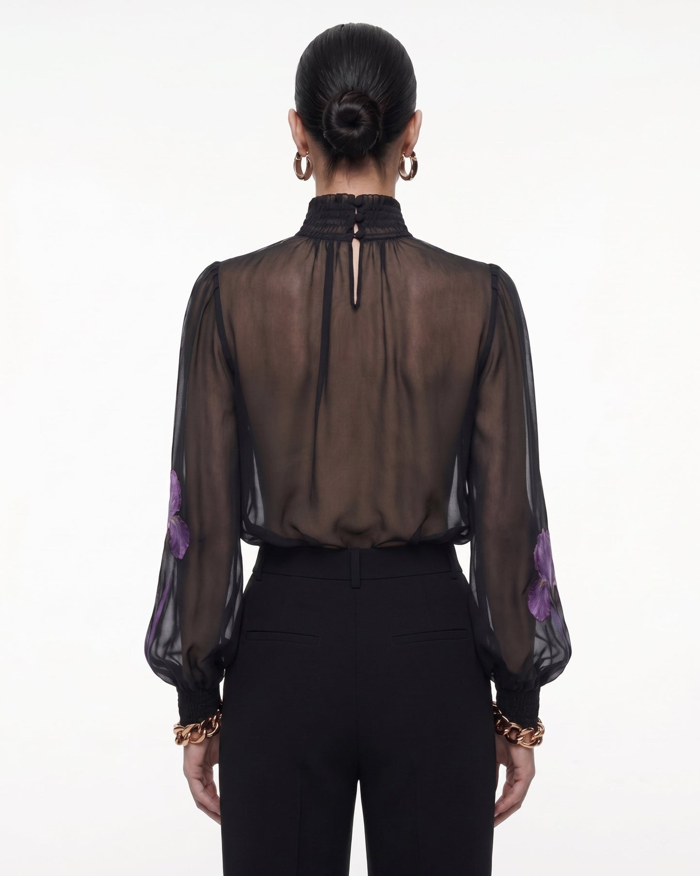 Iris Print Sheer High Neck Blouse - Black/Purple