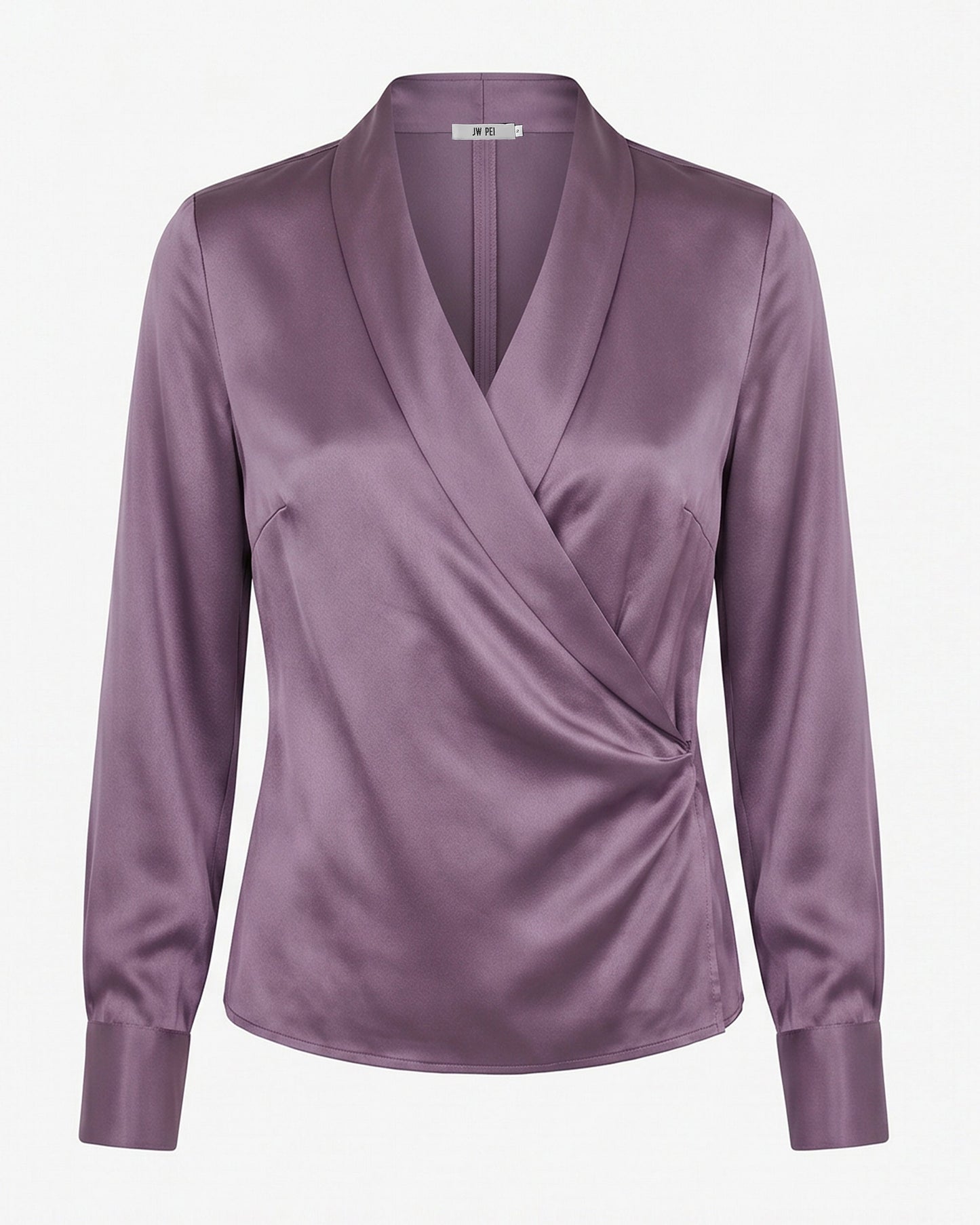 Satin Wrap V Neck Long Sleeve Blouse - Dusty Mauve