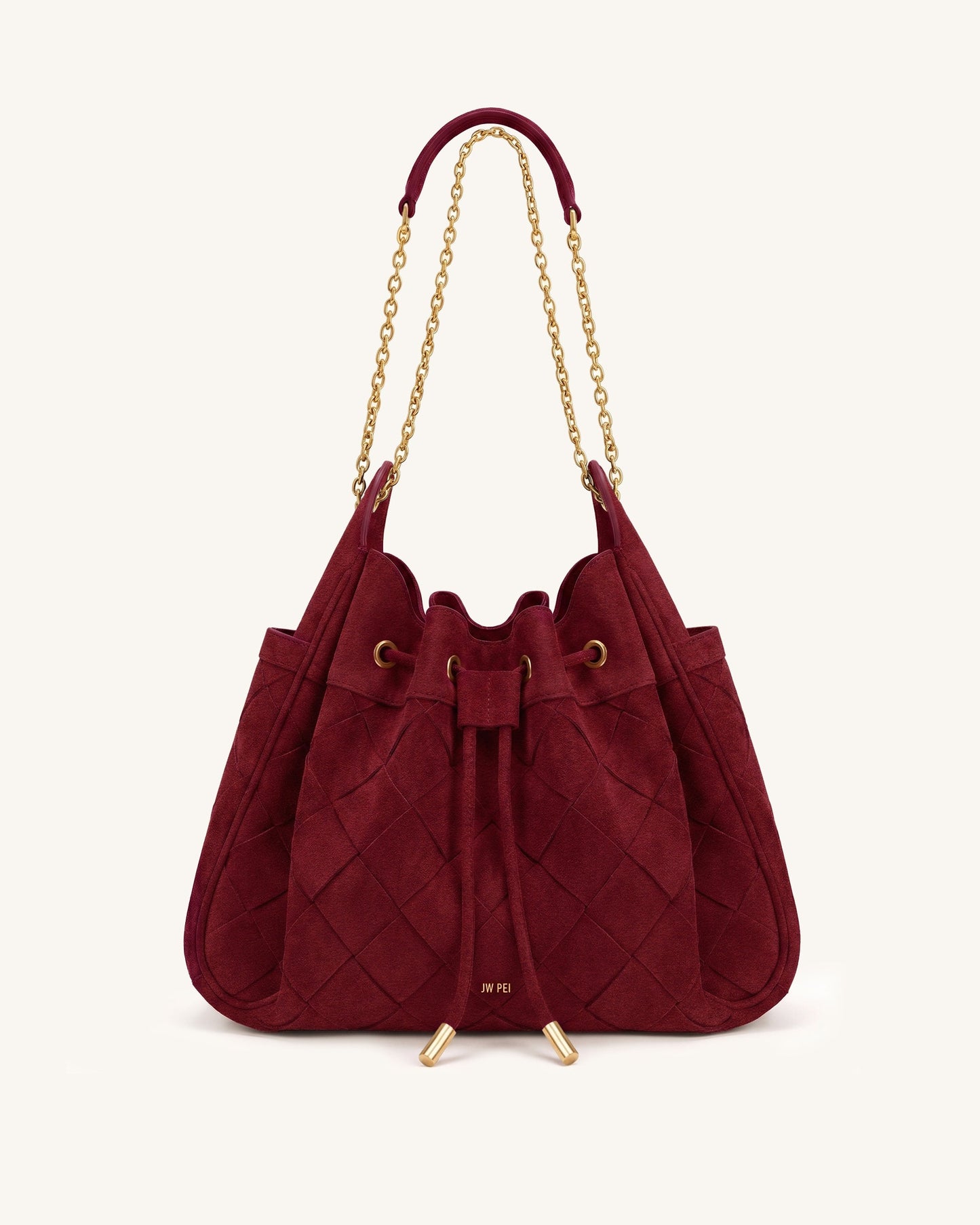 Rowan Faux Suede Weaving Ruched Drawstring Chain Bucket Bag - Dark Cherry