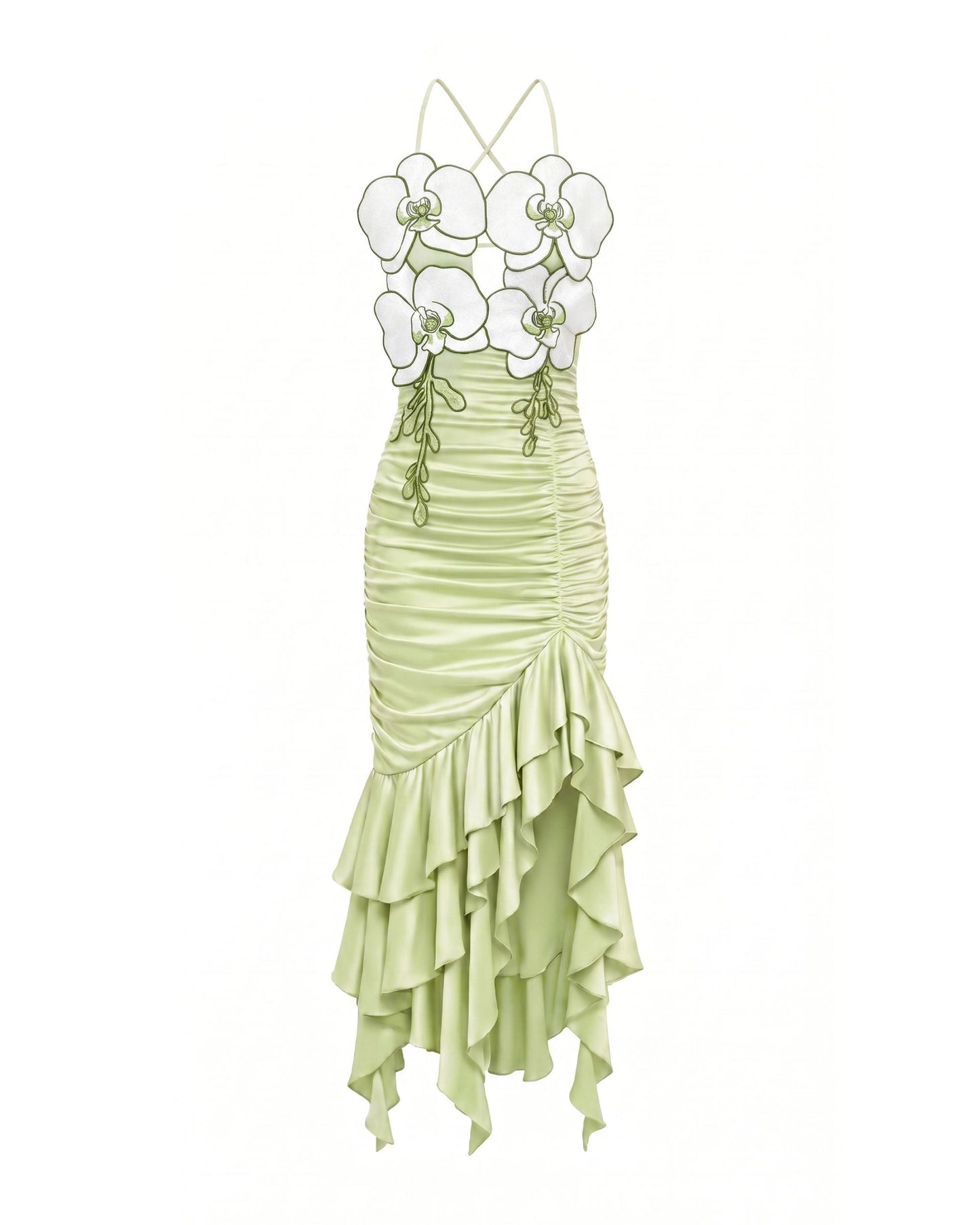Orchid Embellished Ruched Ruffle Dress - Light Green