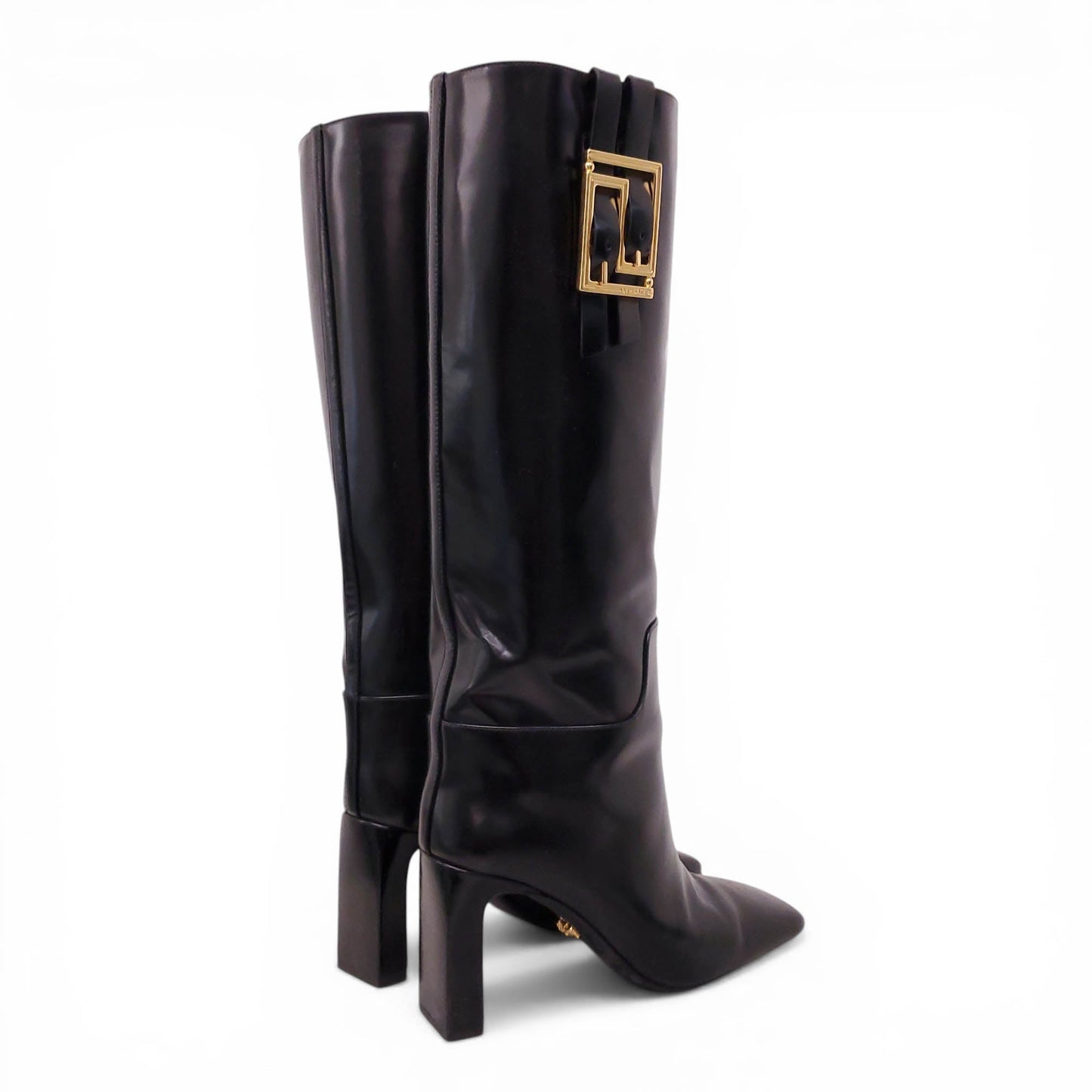 VERSACE BLACK LEATHER HEELED BOOTS - SIZE 39