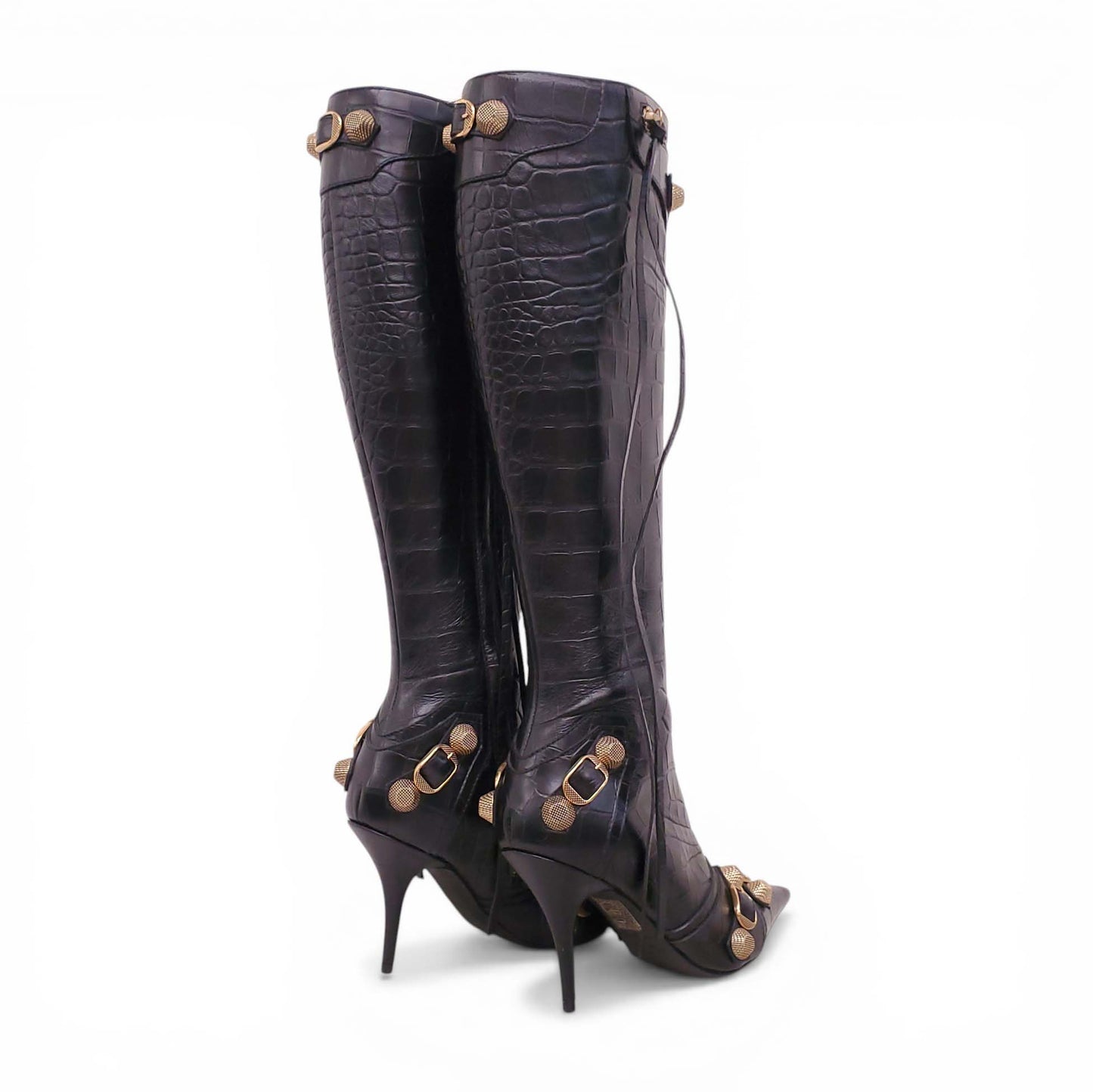 BALENCIAGA BLACK AND GOLD CROC EFFECT CAGOLE BOOTS - SIZE 36