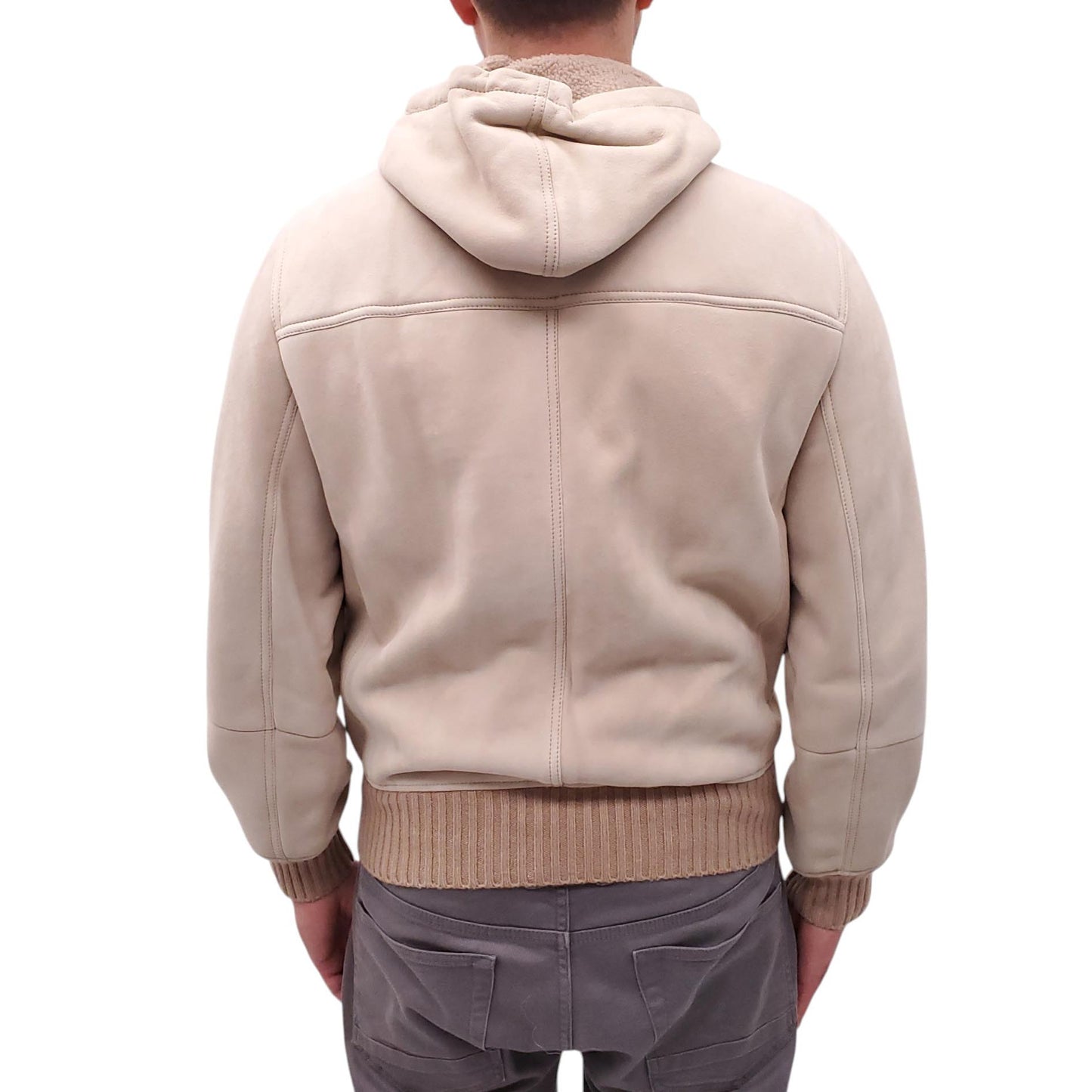 B.C. CREAM SUEDE HOODED BOMBER JACKET WITH SHEARLING INTERIOR - MEN'S SIZE L