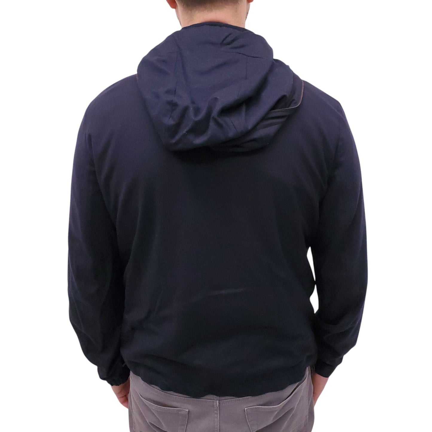 ZEGNA 12MILMIL12 NAVY WOOL HOODED JACKET WITH BROWN LEATHER DETAILS - MEN'S SIZE 52