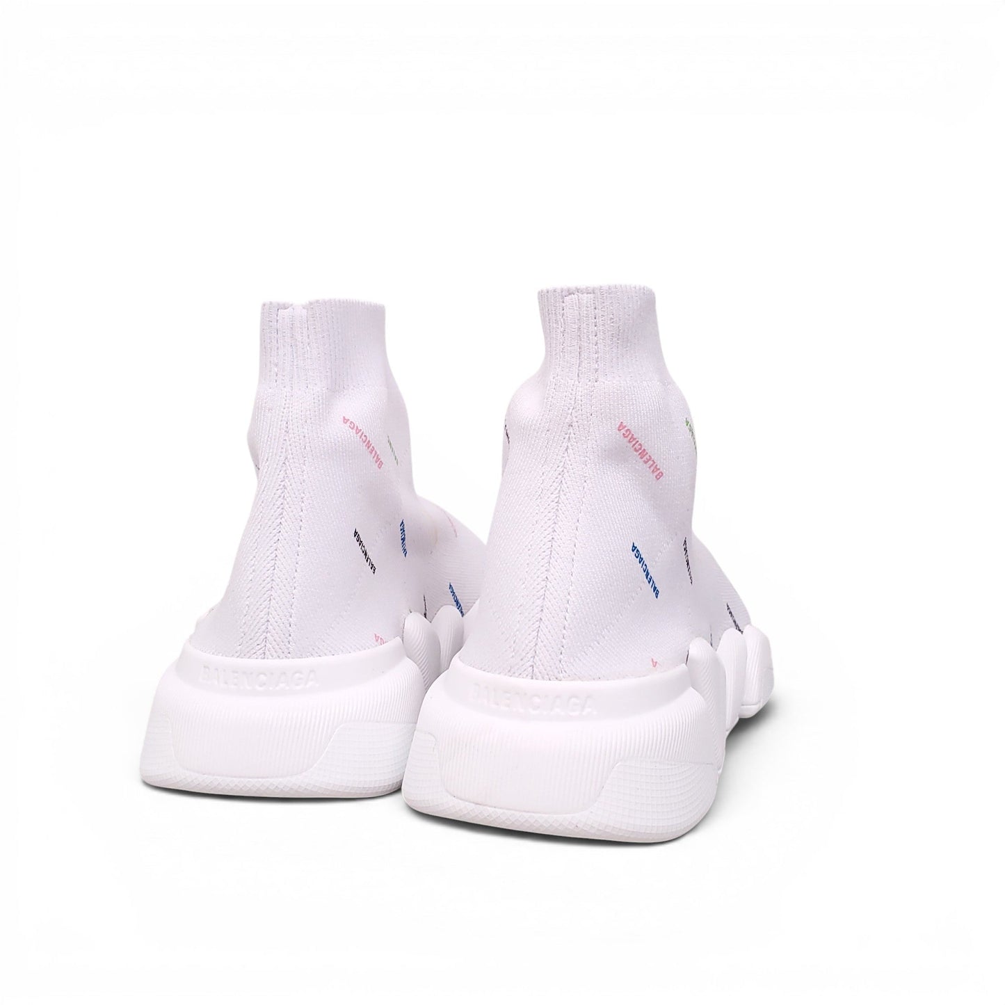 BALENCIAGA WHITE AND MULTICOLOURED KNIT SPEED 2.0 GRAFFITI SNEAKERS - SIZE 40