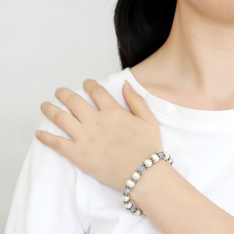 Antique Silver White Metal Bracelet with Synthetic Pearl in Sea Blue