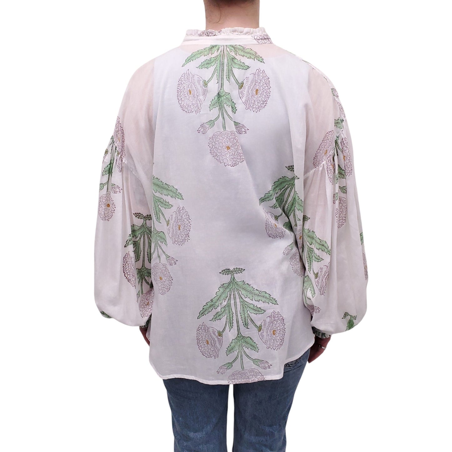 ALIX OF BOHEMIA WHITE AND GREEN FLORAL BLOUSE - SIZE L