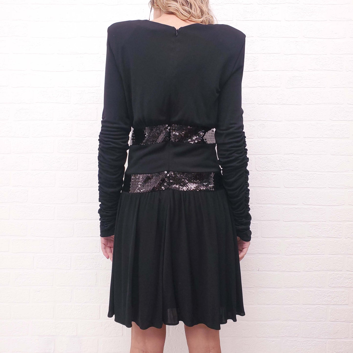 BALMAIN BLACK ROUCHED SEQUIN DRESS - SIZE 42