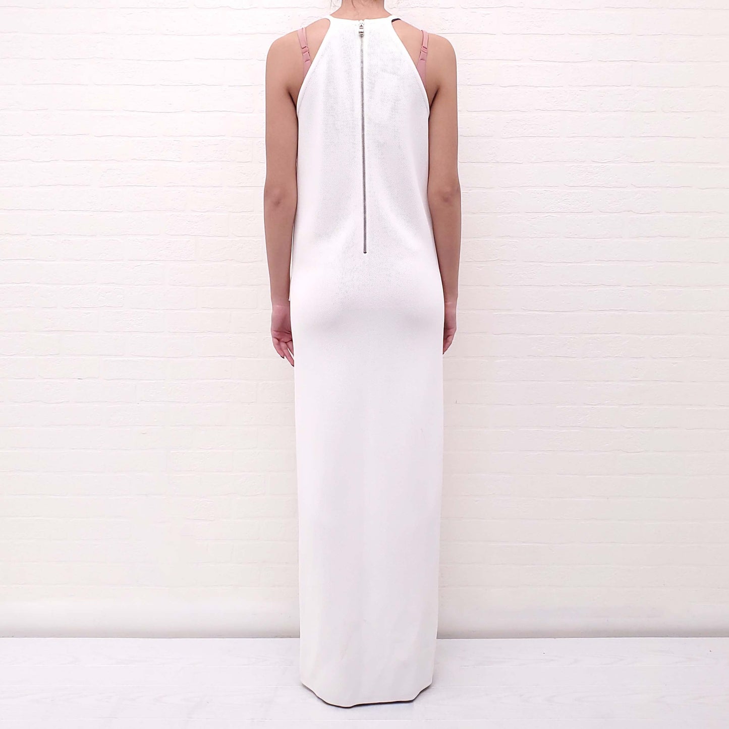 BALMAIN WHITE KNIT GOWN WITH BLACK COLLAR AND SILVER BUTTON - SIZE 34