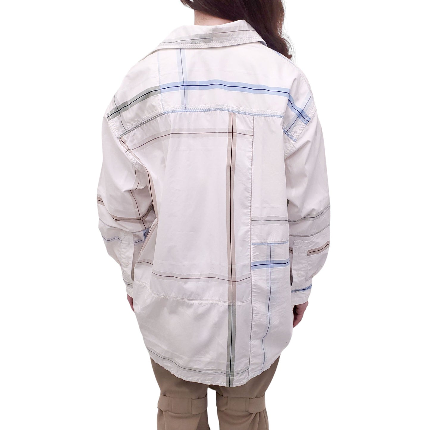 BOTTEGA VENETA OVERSIZED BLUE AND BEIGE BLOUSE - SIZE 36