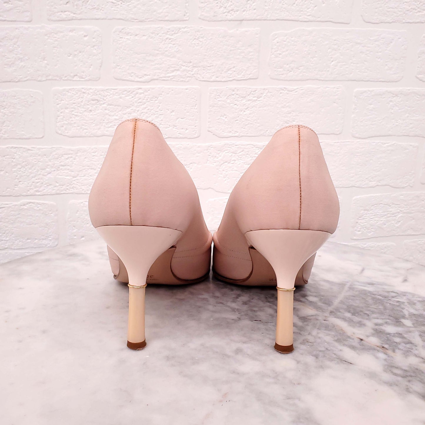 CHANEL BLUSH PINK SUEDE HEELS WITH PEARL LOGO - SIZE 38.5
