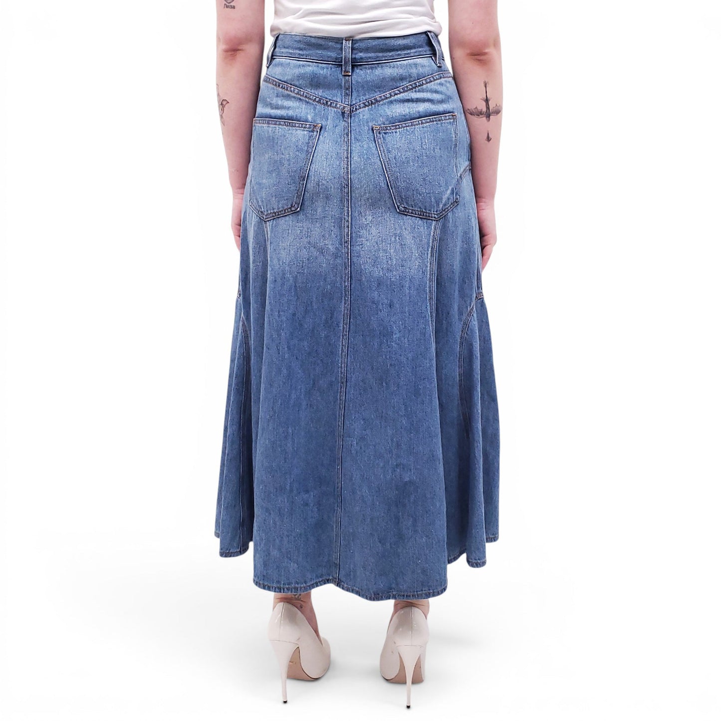 CHLOÉ EMBROIDERED DENIM MIDI SKIRT - SIZE 38