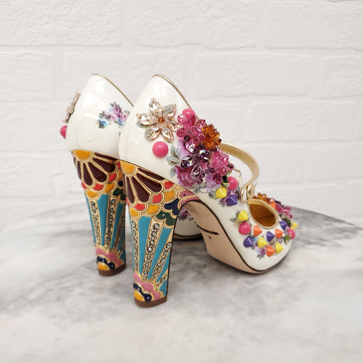 DOLCE & GABBANA FLORAL BEADED HEELS WITH STUDS - SIZE 38
