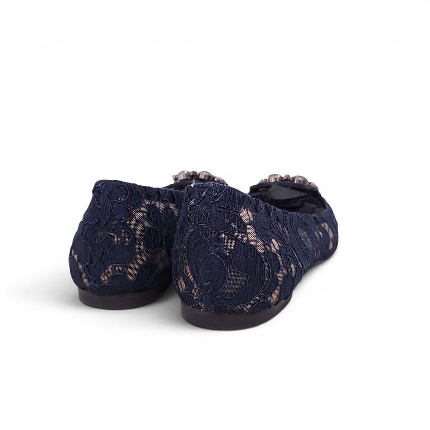 DOLCE & GABBANA NAVY LACE FLATS WITH CRYSTAL DETAIL - SIZE 38.5