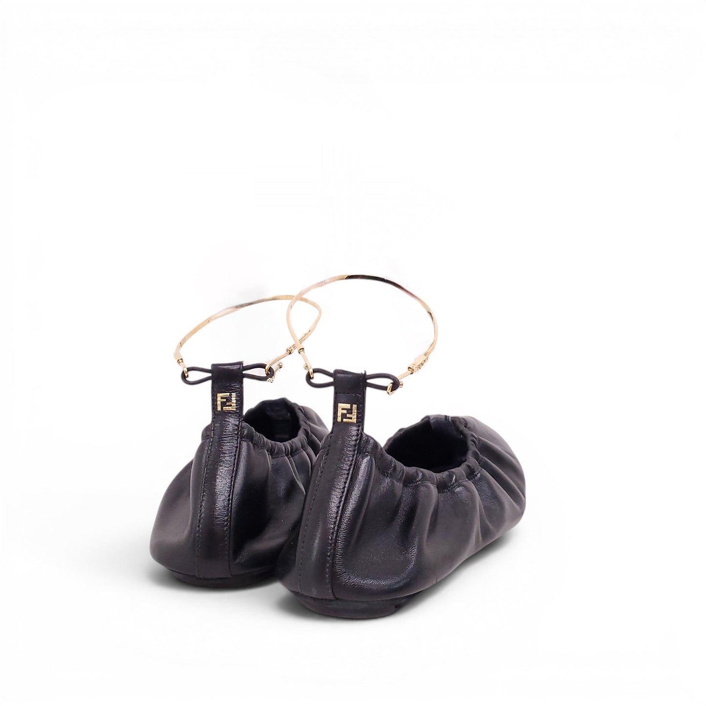 FENDI BLACK LEATHER FLATS WITH GOLD ANKLET DETAIL - SIZE 39