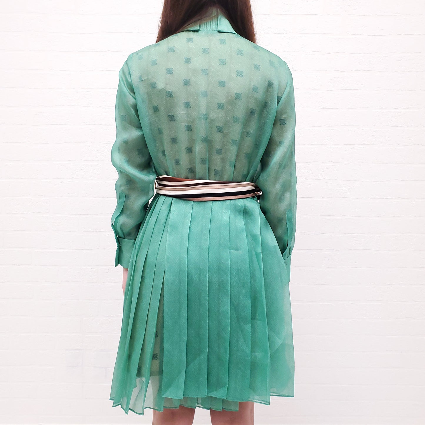 FENDI GREEN SILK PLEATED ORGANDIE SHIRT DRESS - SIZE 38