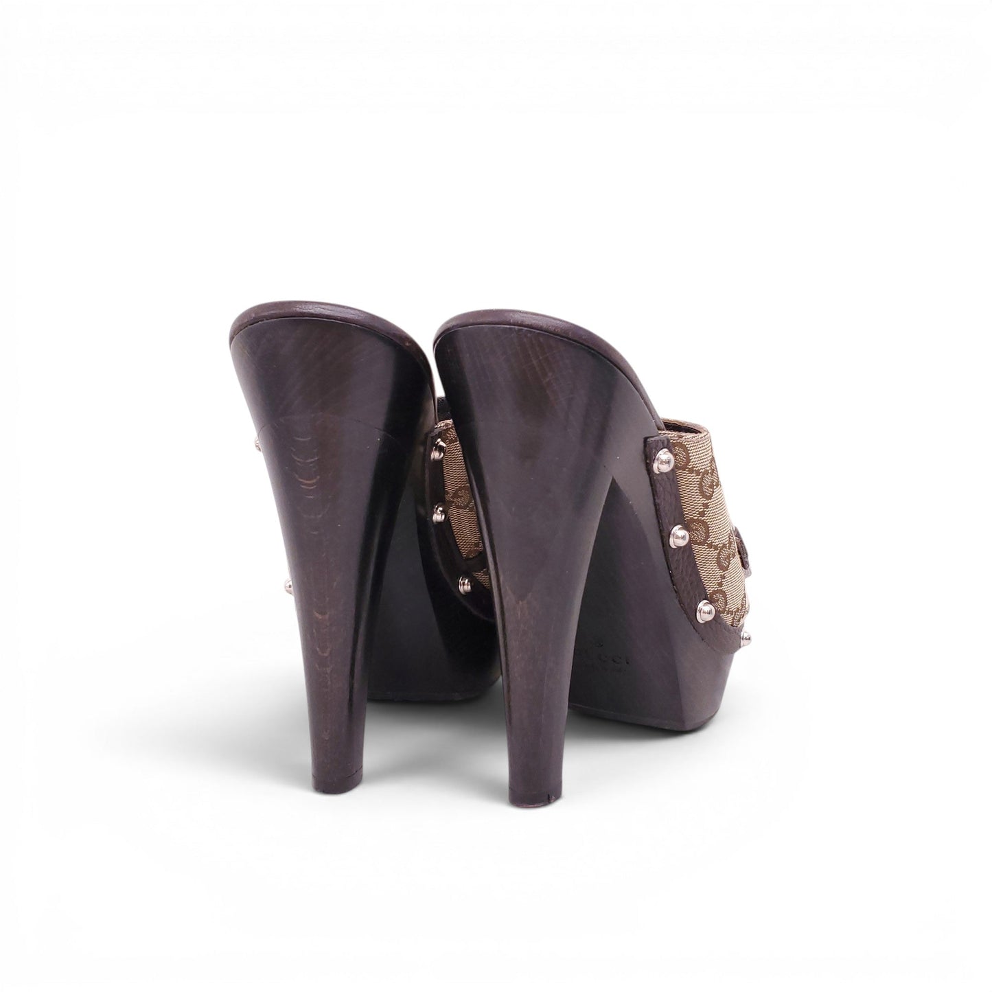 GUCCI MONOGRAM CANVAS HORSEBIT MULES - SIZE 37