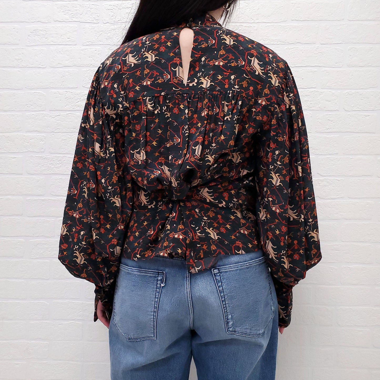 ISABEL MARANT PATTERNED KNOT BLOUSE WITH PUFF SLEEVES - SIZE 36