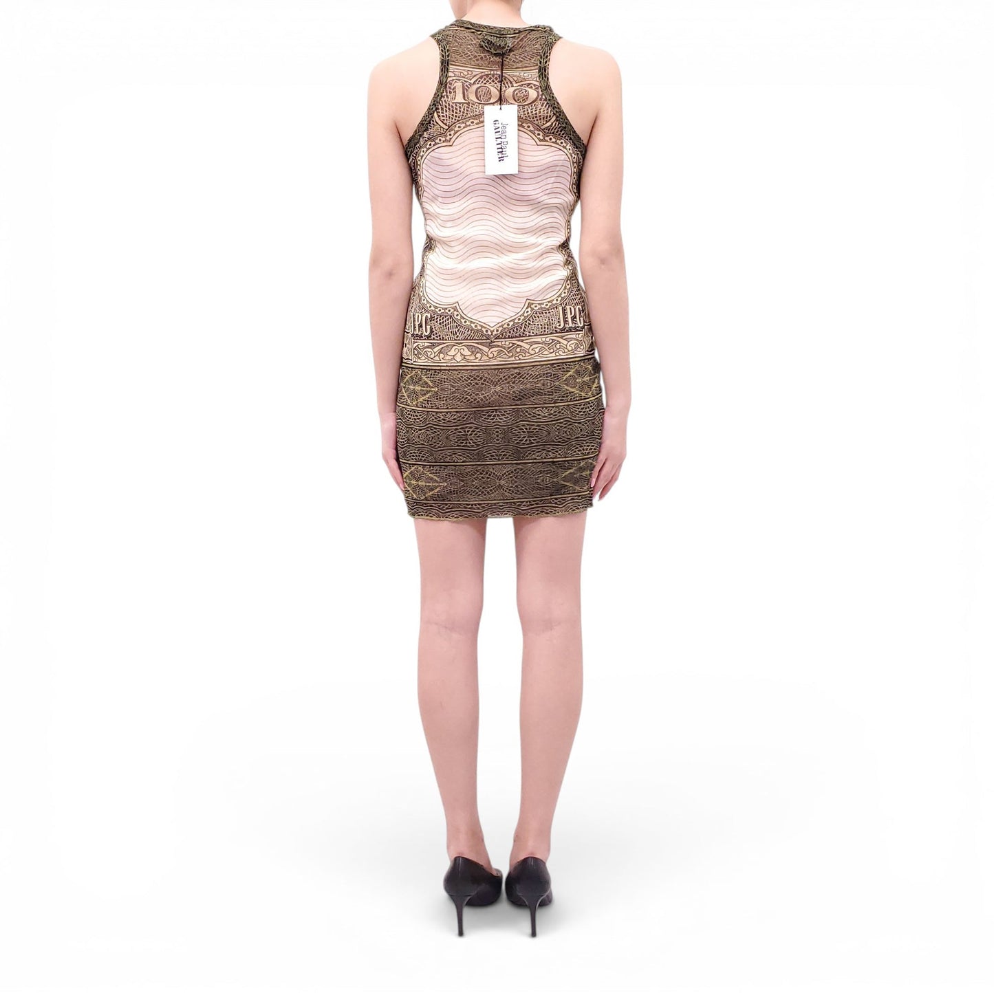 JEAN PAUL GAULTIER GREEN MONEY PRINT MESH DRESS - SIZE XL