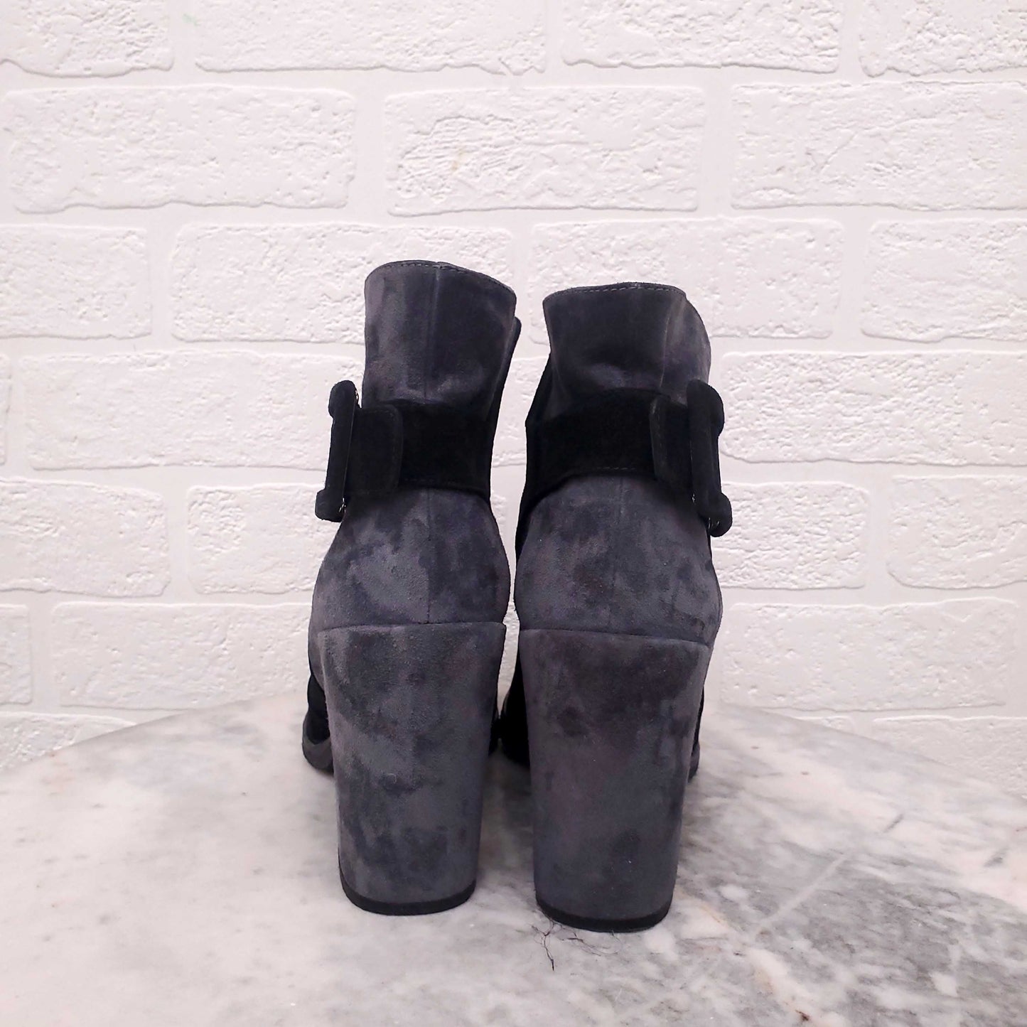 ROGER VIVIER GREY AND BLACK SUEDE BUCKLE BOOTS - SIZE 38