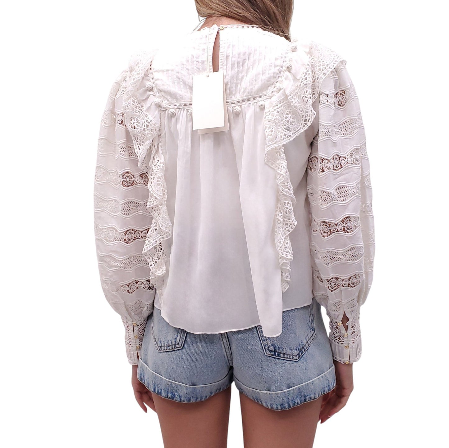ULLA JOHNSON 'LILY' RUFFLED CROCHET-TRIMMED BLOUSE - SIZE 00