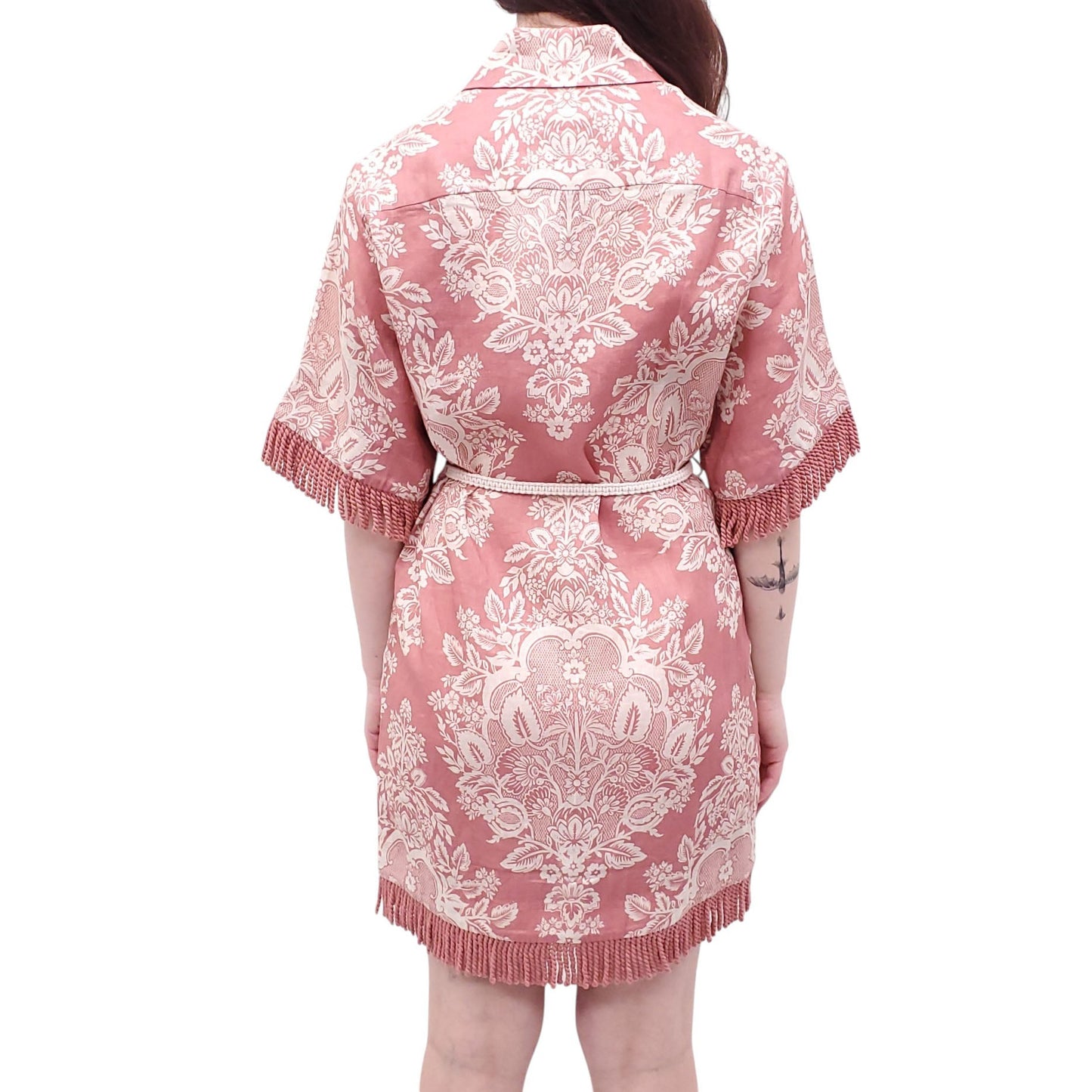 ZIMMERMANN ROSE BAROQUE FLORAL 'PATTIE FRINGED' DRESS WITH TIE BELT - SIZE 0 (US 4)