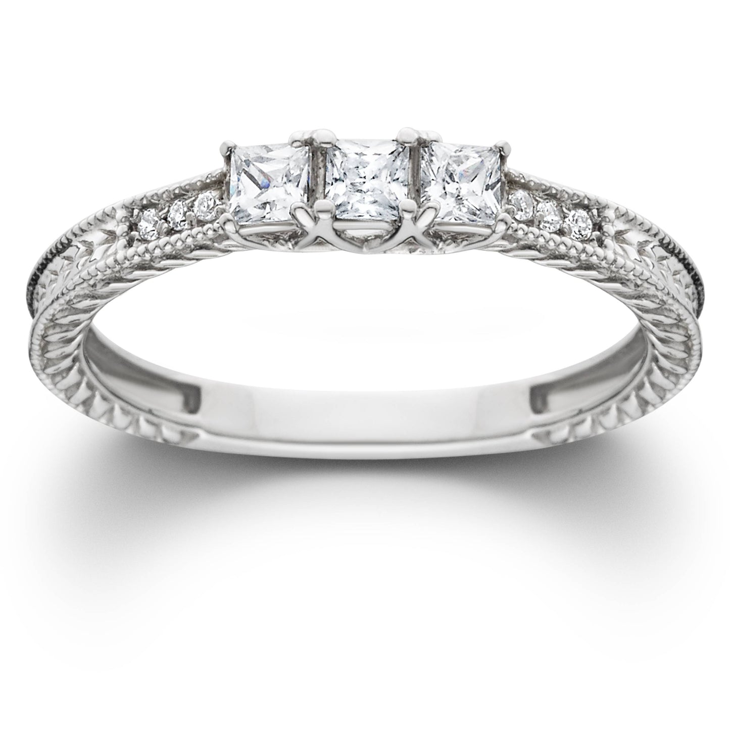 1/4ct Vintage Three Stone Princess Cut Diamond Engagement Ring 14K White Gold Size Selectable