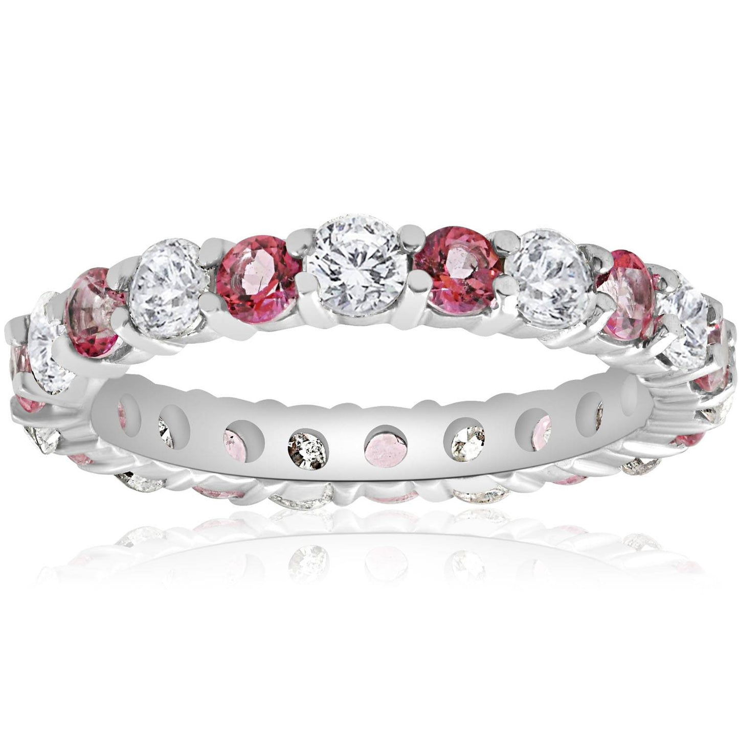 2 CT Diamond & Pink Topaz Eternity Ring 14K White Gold Size Selectable
