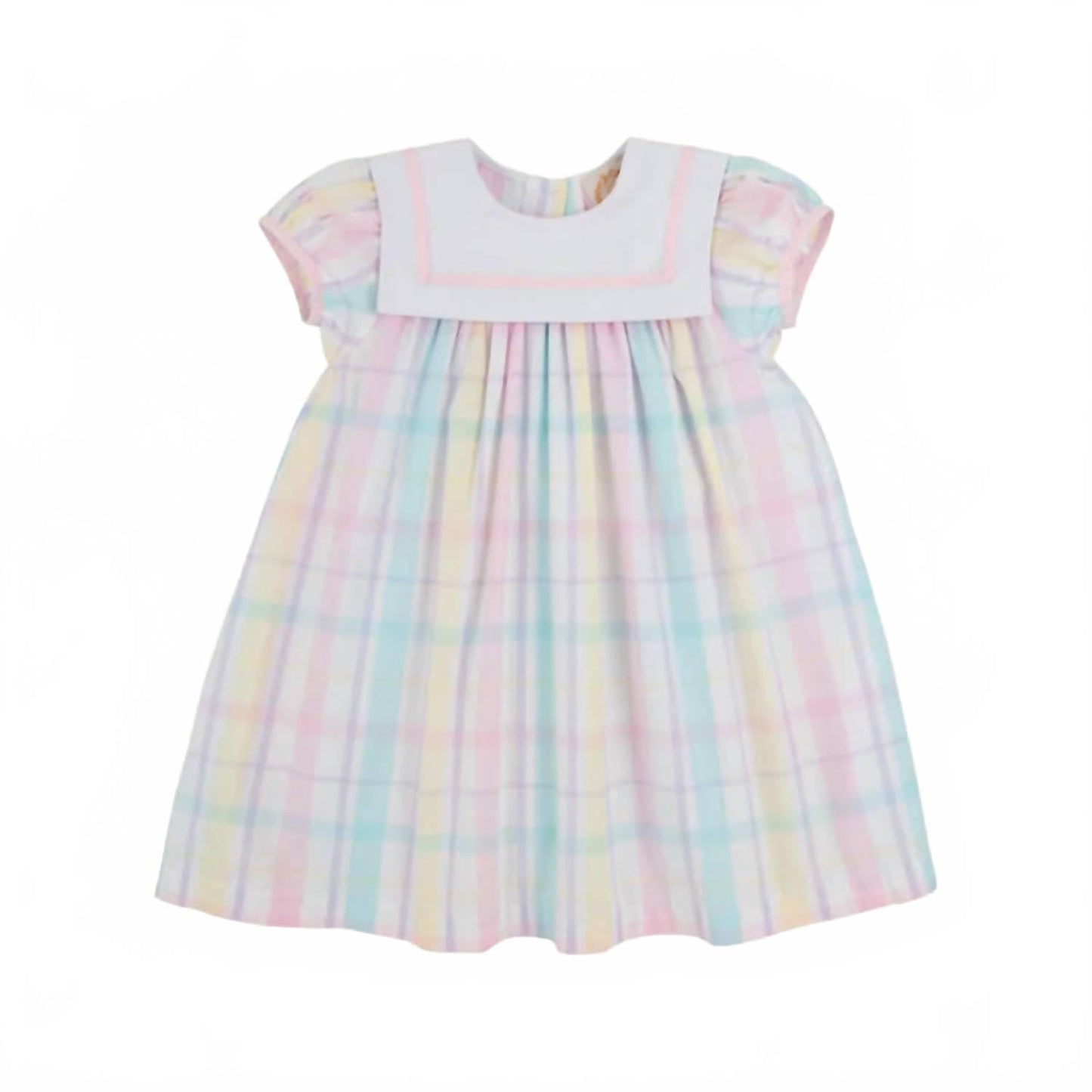 Girl's Stewart's Square Collar Dress In Brunch Plate Plaid With Palm Beach Pink
