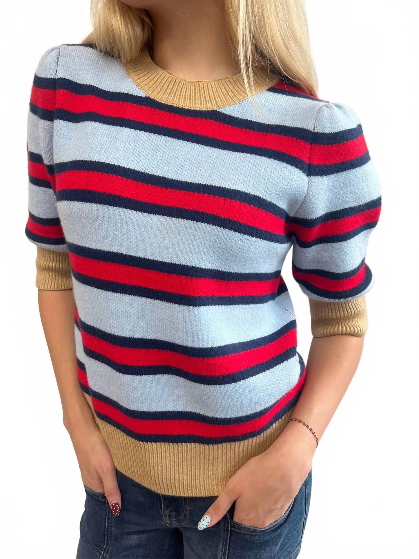 Scottie Striped Knit Sweater In Blue, Red And Tan