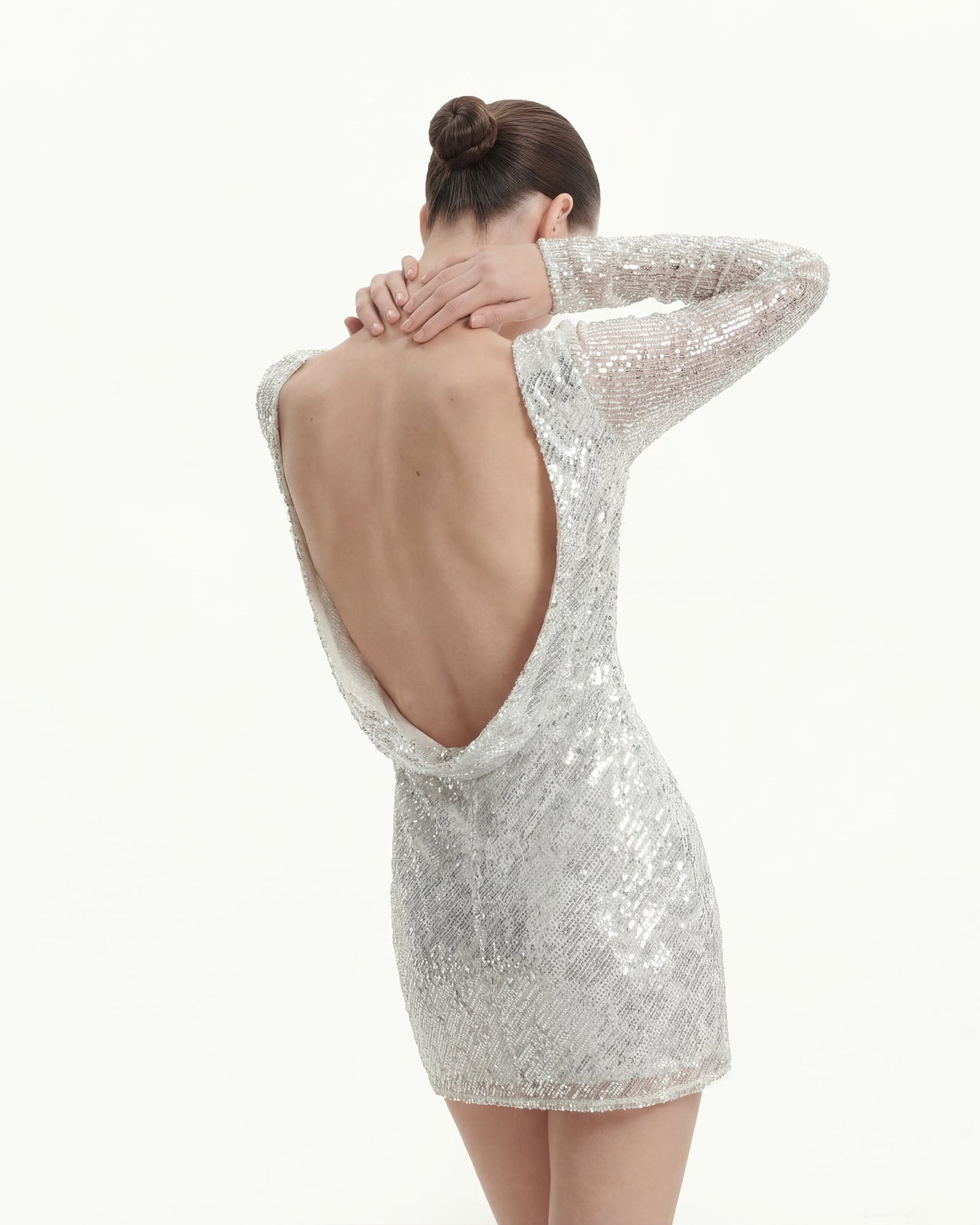 Diagonal Sequin Open-Back Long Sleeve Mini Dress - White