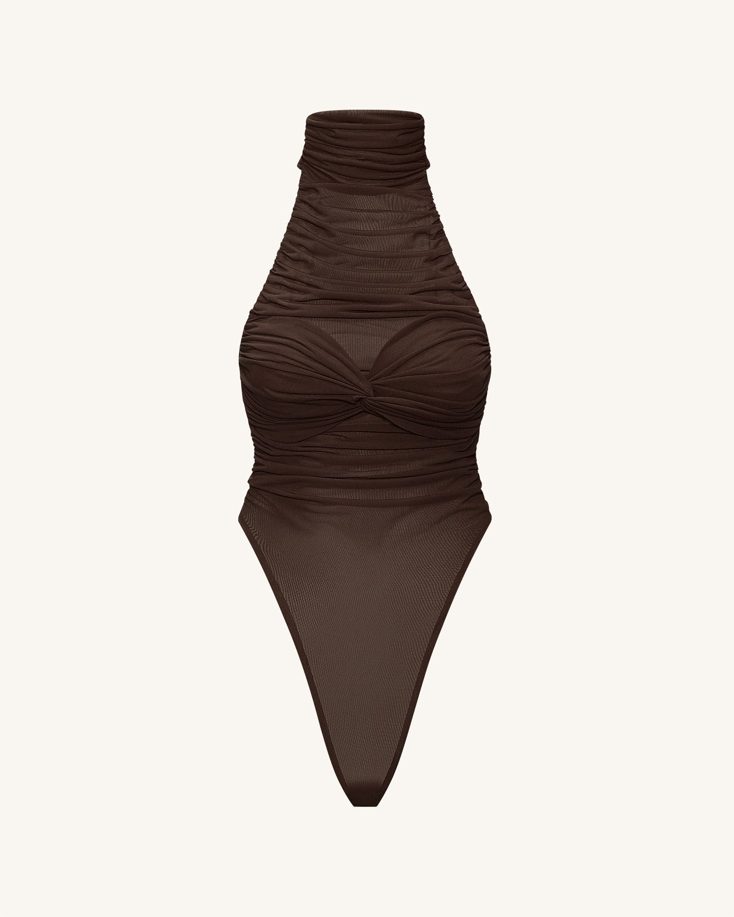 Ruched Twist-Front Halter Bodysuit - Brown