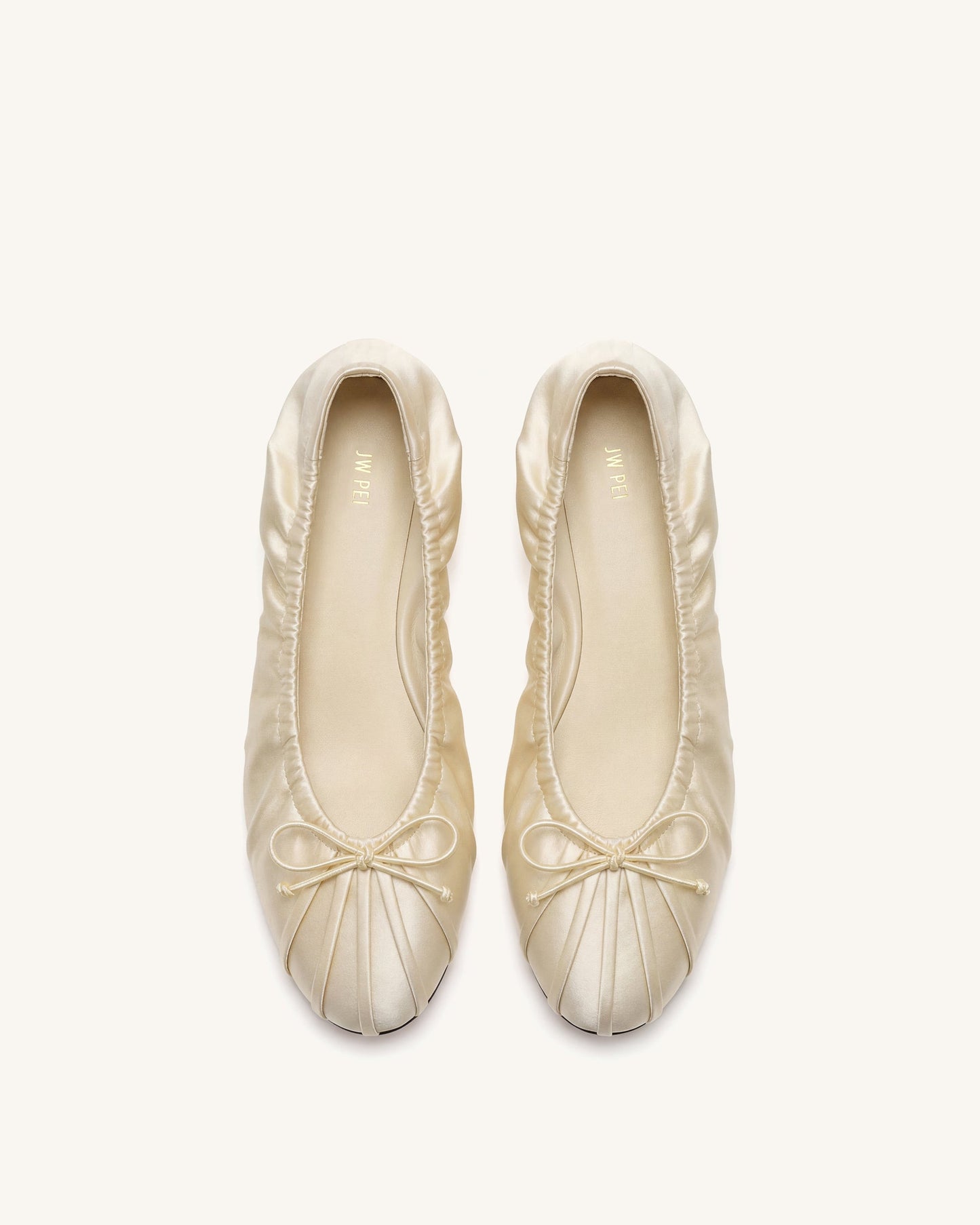 Solenne Ruched Drawstring Satin Ballet Flats - Beige
