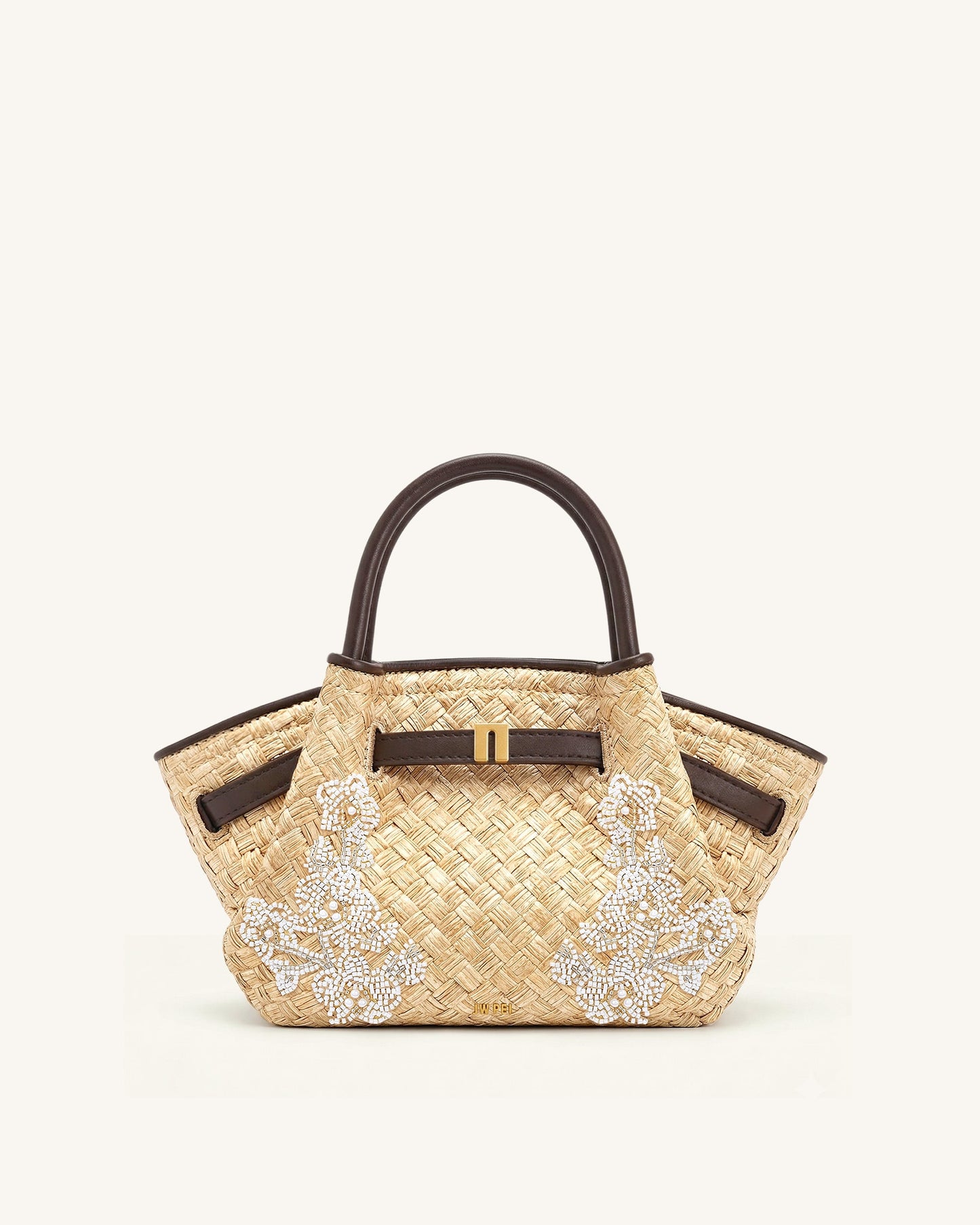 Hana Mini Faux Straw Beading Tote Bag - Brown