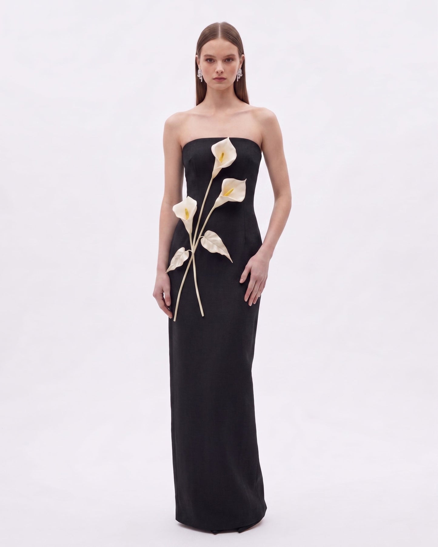 Floral Appliqué Strapless Dress - Black