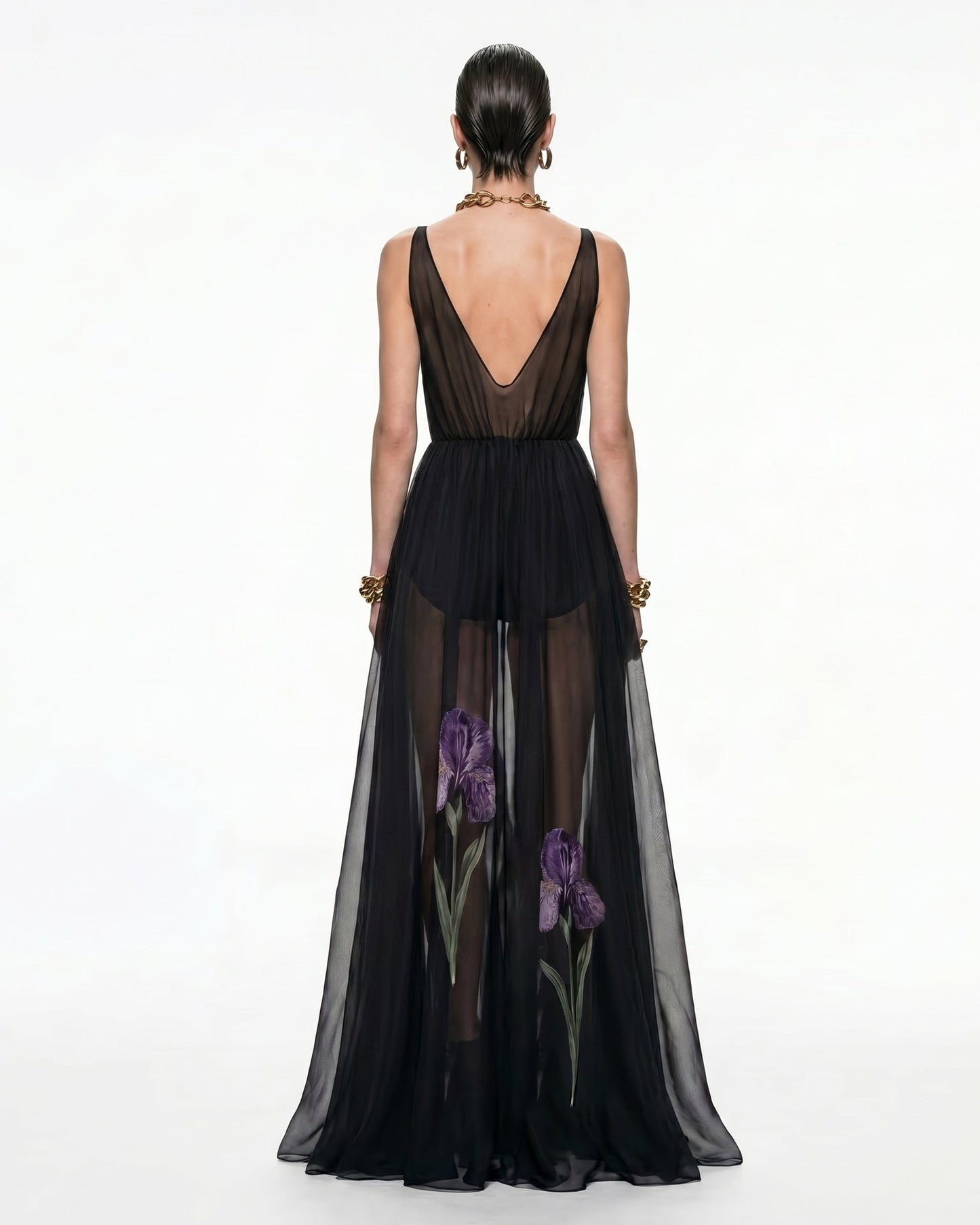 Sheer Floral Print Maxi Dress - Black
