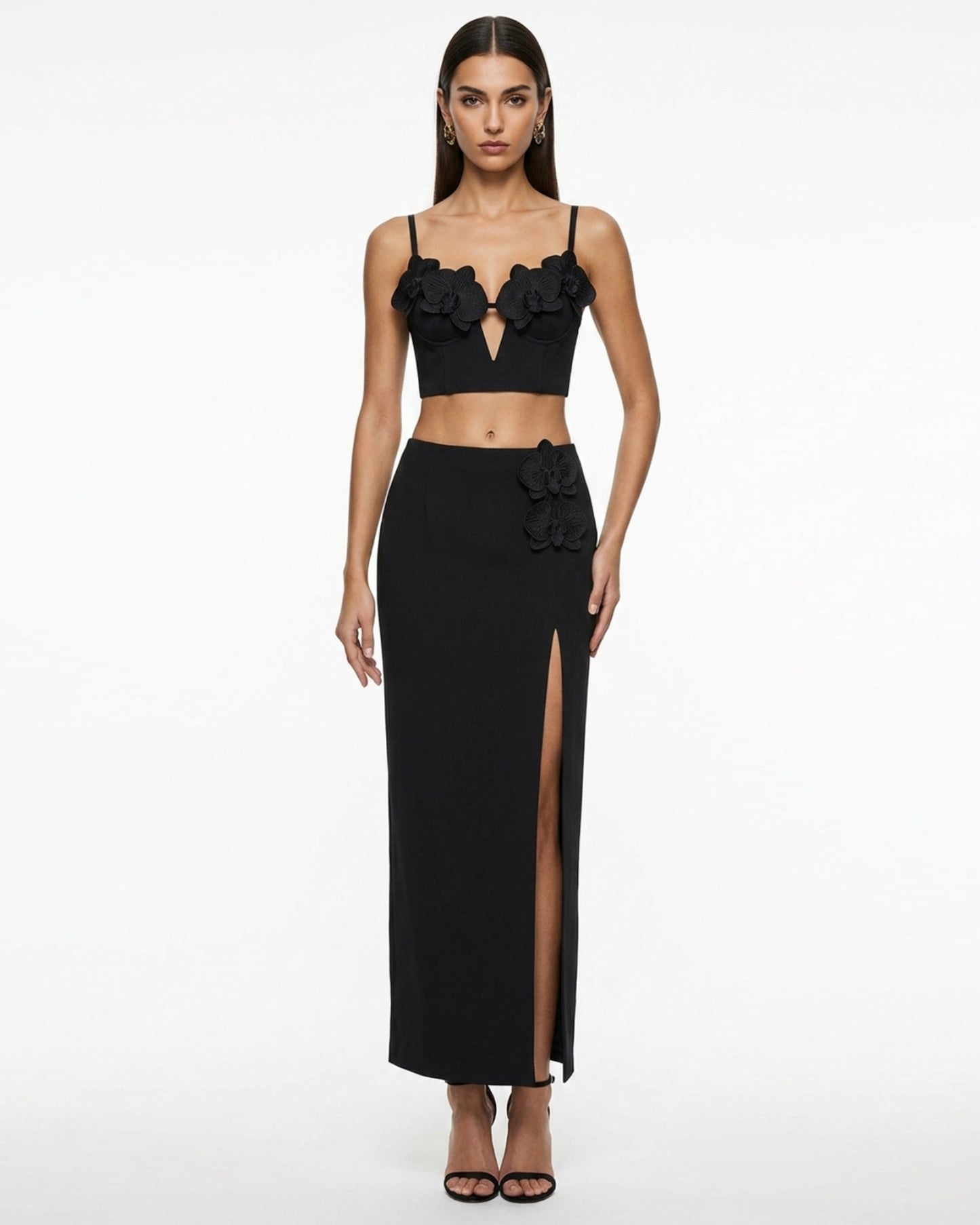 Orchid Embroidered Appliqué Corset Bustier Top - Black