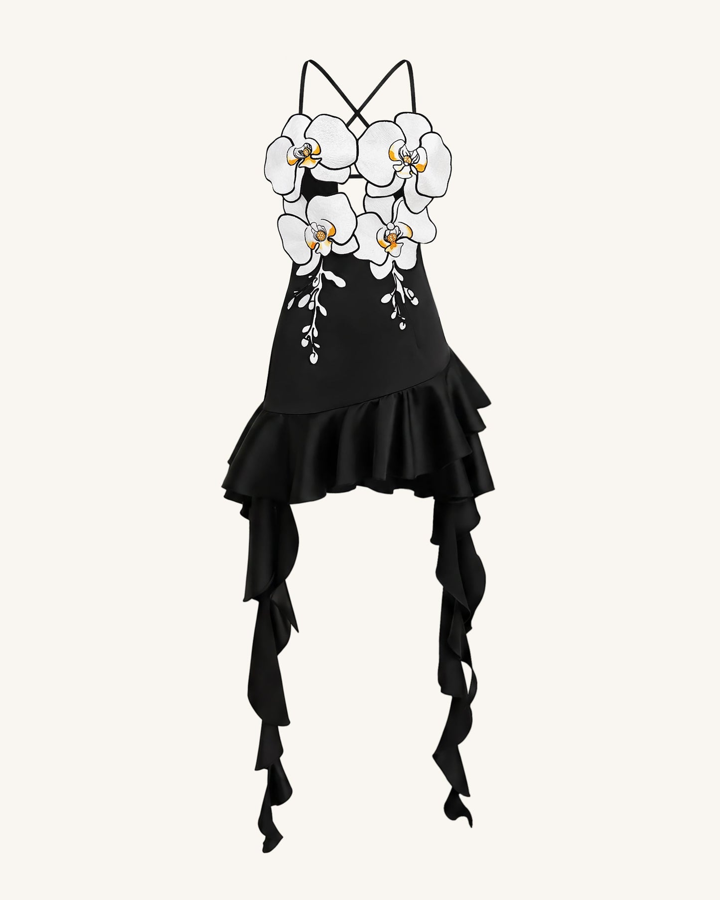 Orchid Embroidered Ruffle Hem Mini Dress - Black
