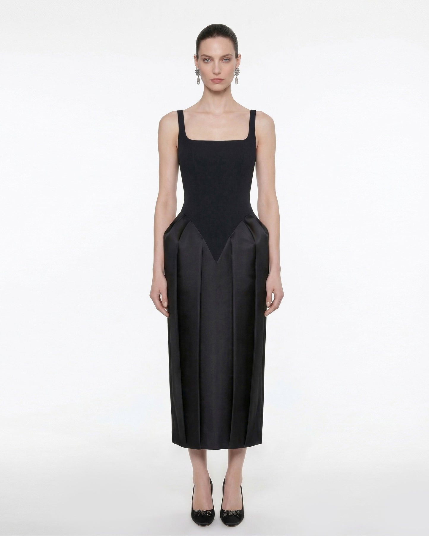 Square Neck Pannier Midi Dress - Black