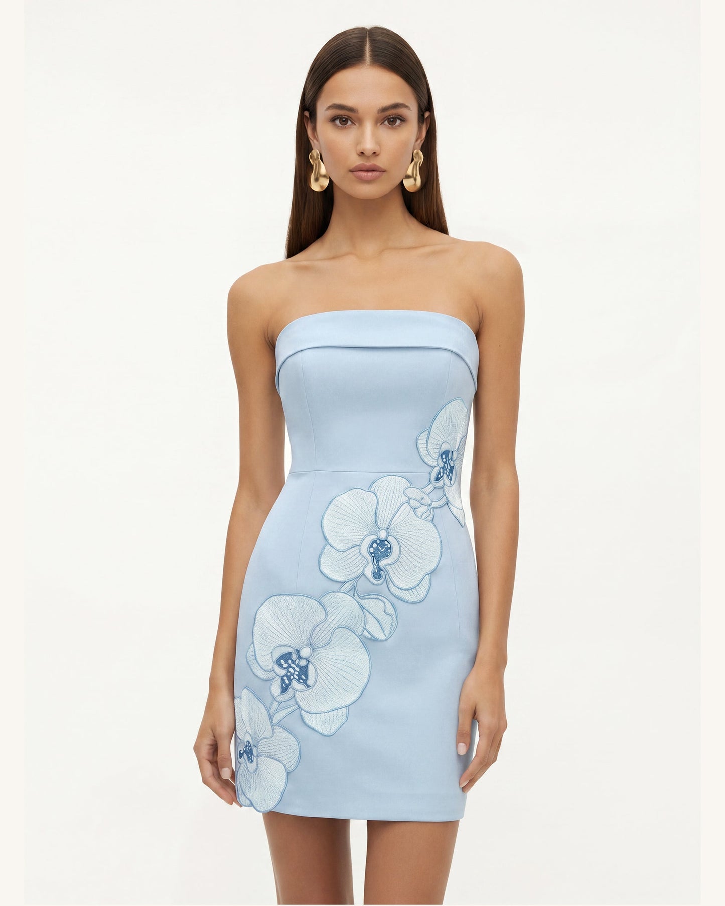Orchid Embroidered Strapless Sheath Midi Dress - Light Blue