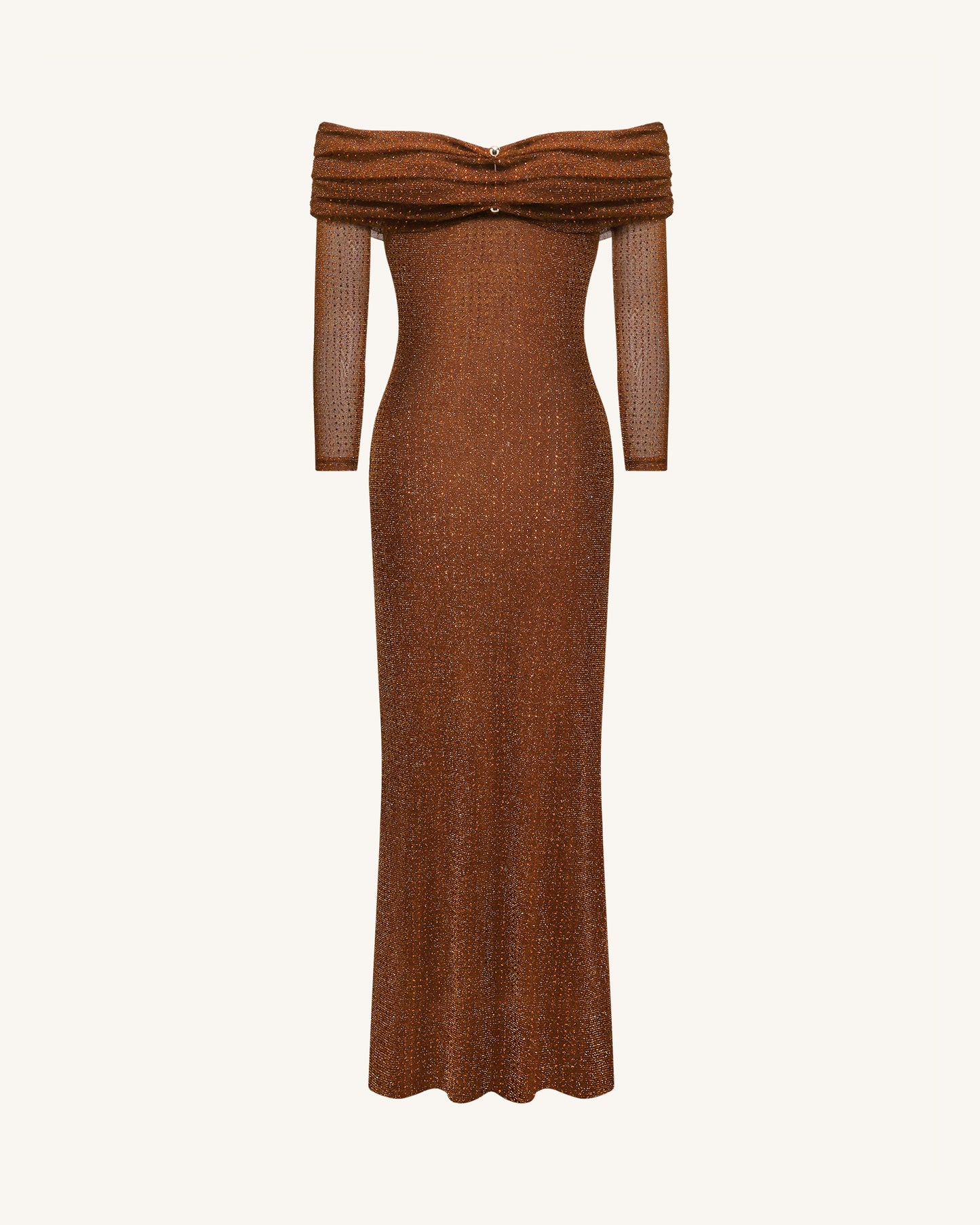 Rhinestone Mesh Off-Shoulder Maxi Dress - Brown