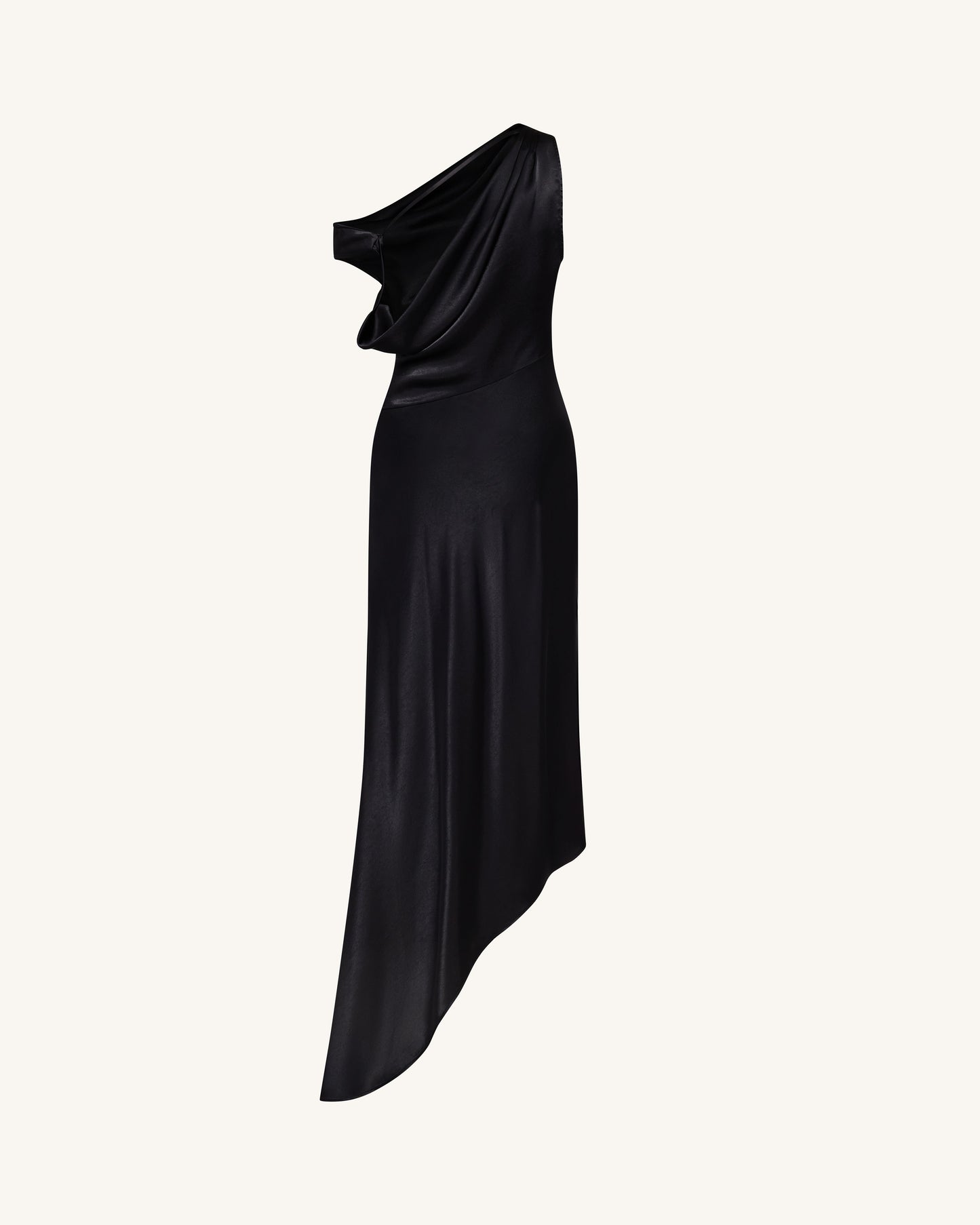 Satin Draped One-Shoulder Asymmetric Dress - Black