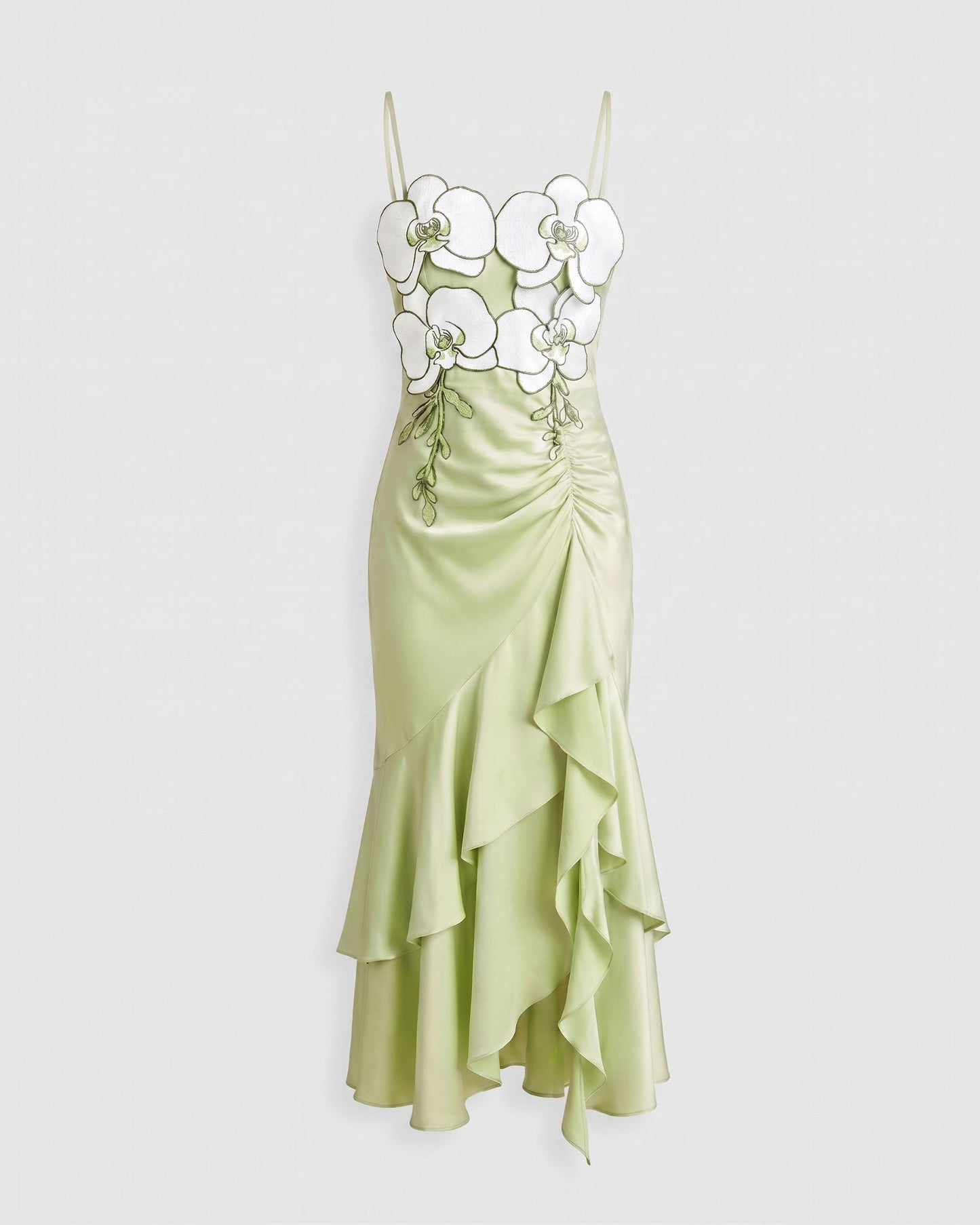 Orchid Embellished Cascade Ruffle Dress - Light Green