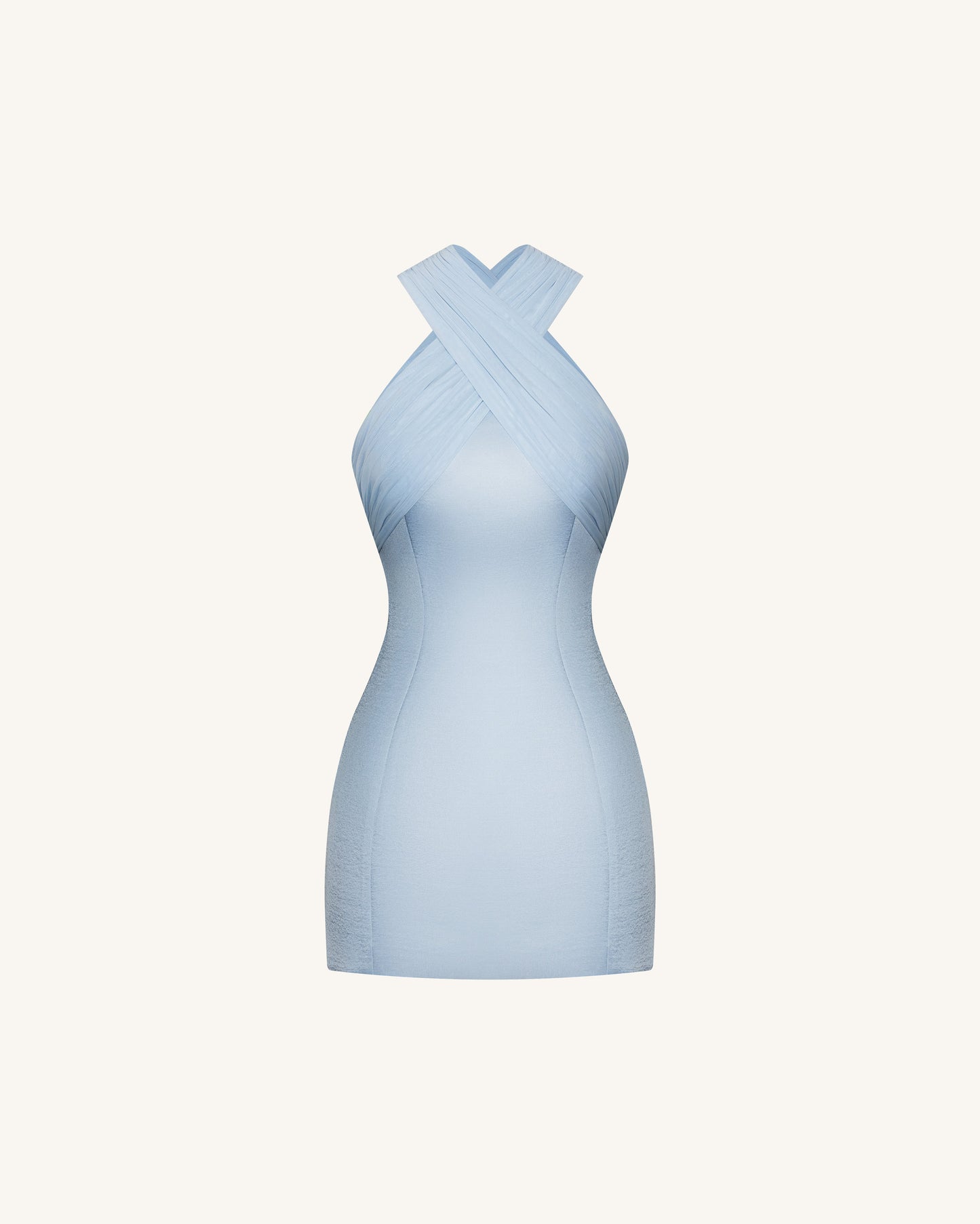 Satin Mini Dress with Tulle Cross-Halter - Blue