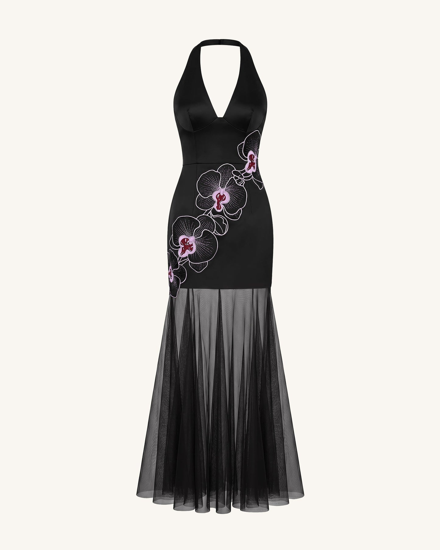 Orchid Embroidered Sheer Hem Halter Maxi Dress-  Black Purple