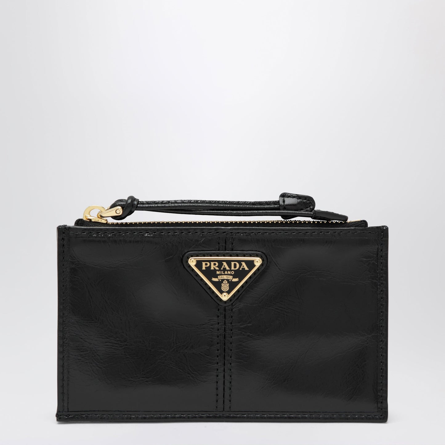 Prada Zip Card Holder In Polished Calf Leather, Black Women